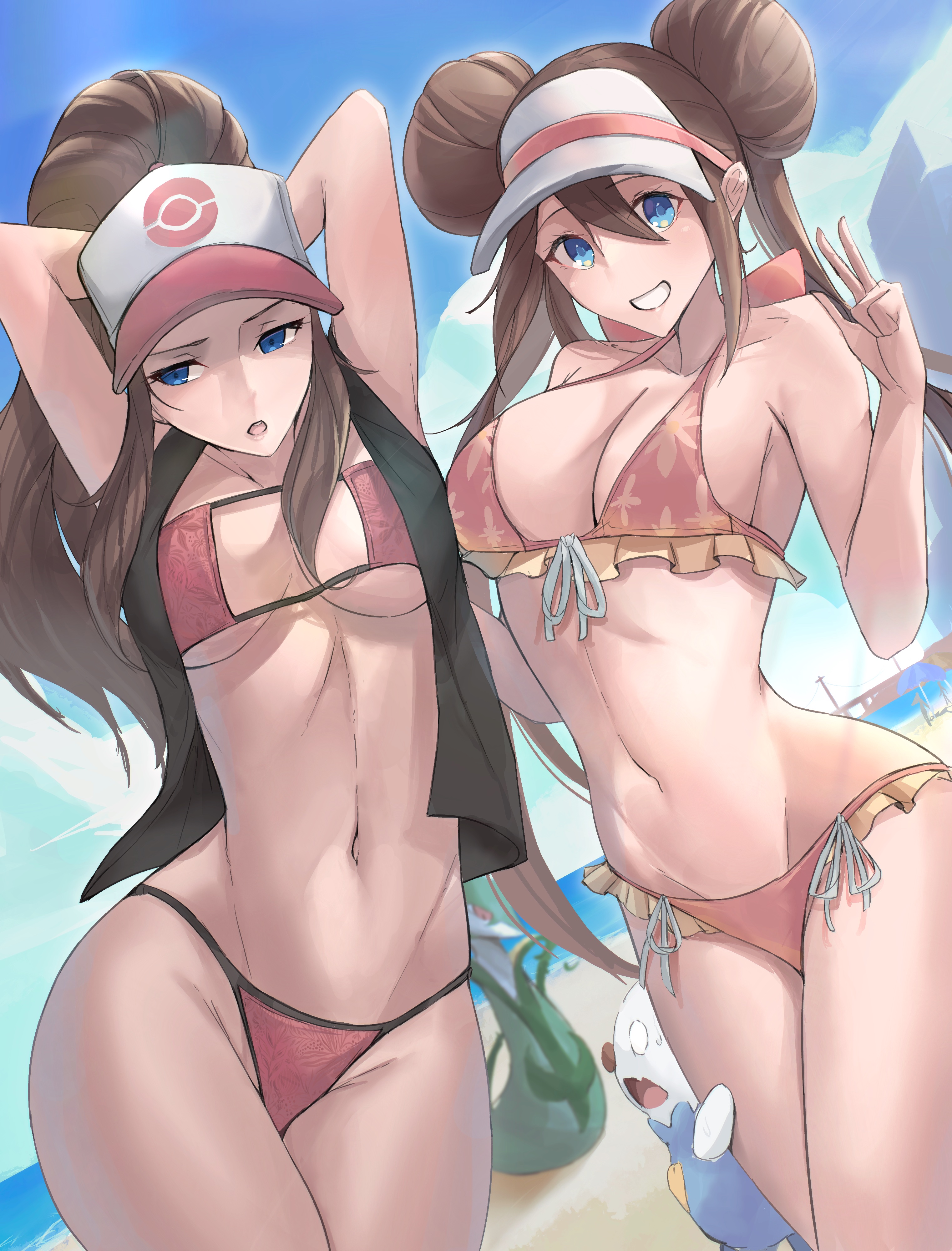2girls, breasts, calmgreentori, female, female focus, female only, hilda (pokemon), large breasts, light skin, light-skinned female, nintendo, oshawott, pokemon, rosa (pokemon), swimsuit, thick thighs, thighs, wide hips