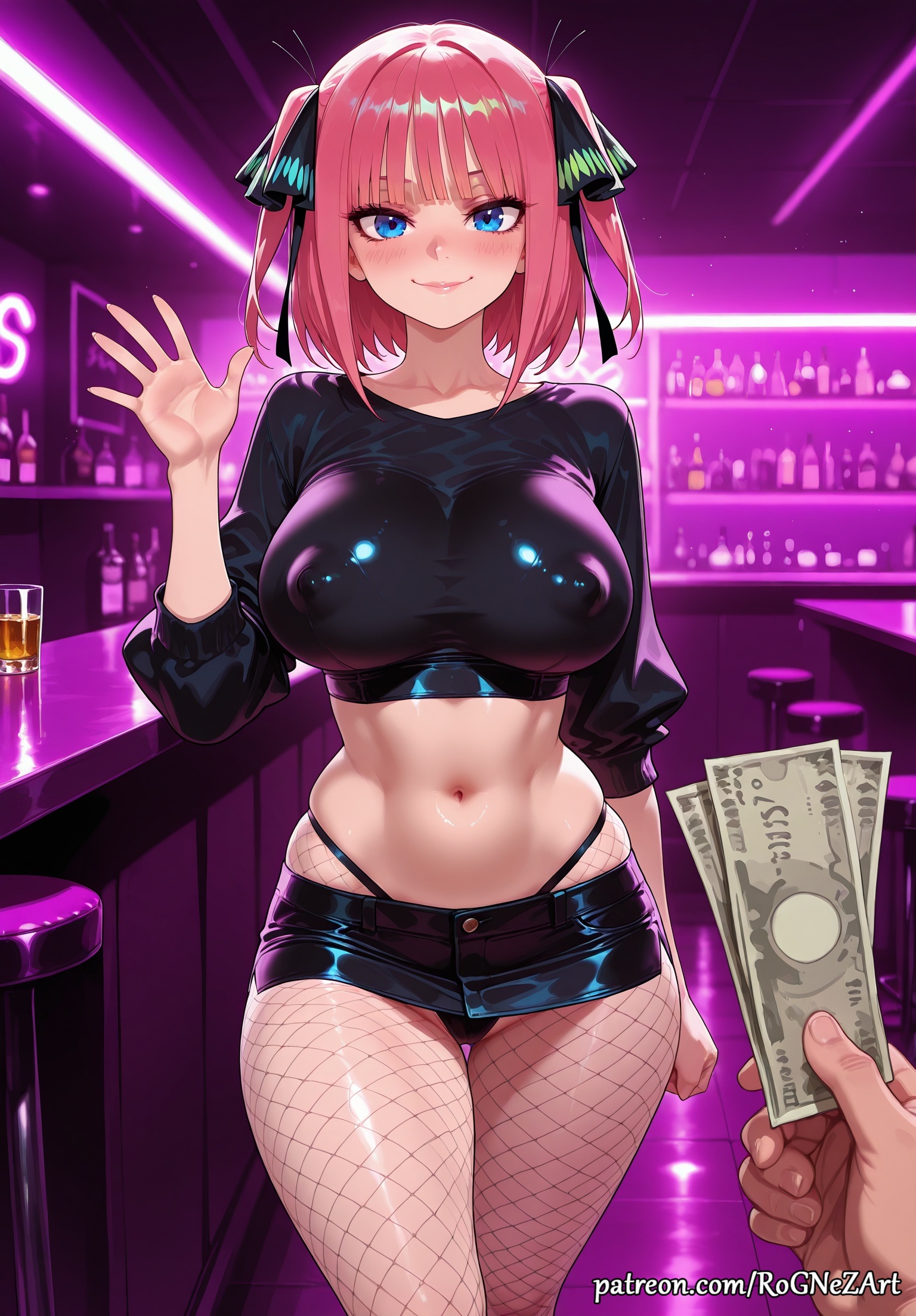 1boy, 2026, ai generated, alcohol, anime, bangs, black ribbon, black skirt, blue eyes, blunt bangs, blush, breasts, butterfly hair ornament, cleavage, closed mouth, collarbone, counter, covered nipples, crop top, crossover, eye contact, female, female focus, fishnet pantyhose, fishnets, flushed, go-toubun no hanayome, hair accessory, hair ornament, hair ribbon, hand up, highres, holding, huge breasts, indoors, inside, large breasts, looking at viewer, male, microskirt, midriff, money, nakano nino, navel, neutral expression, nsfw, panties, pantyhose, patreon, pink hair, prostitution, ribbon, rognezart, short hair, skirt, smile, smiling, solo, solo focus, stockings, thigh gap, two side up, underwear, waving