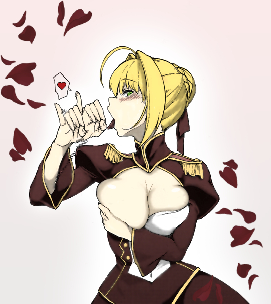 1girls blonde_hair blush color colored coloured fate/extella fate/extella_link fate/extra fate/extra_ccc fate/grand_order fate_(series) fellatio_gesture green_eyes heart motion_lines nero_claudius_(fate) one_breast_out seductive_mouth tongue tongue_out