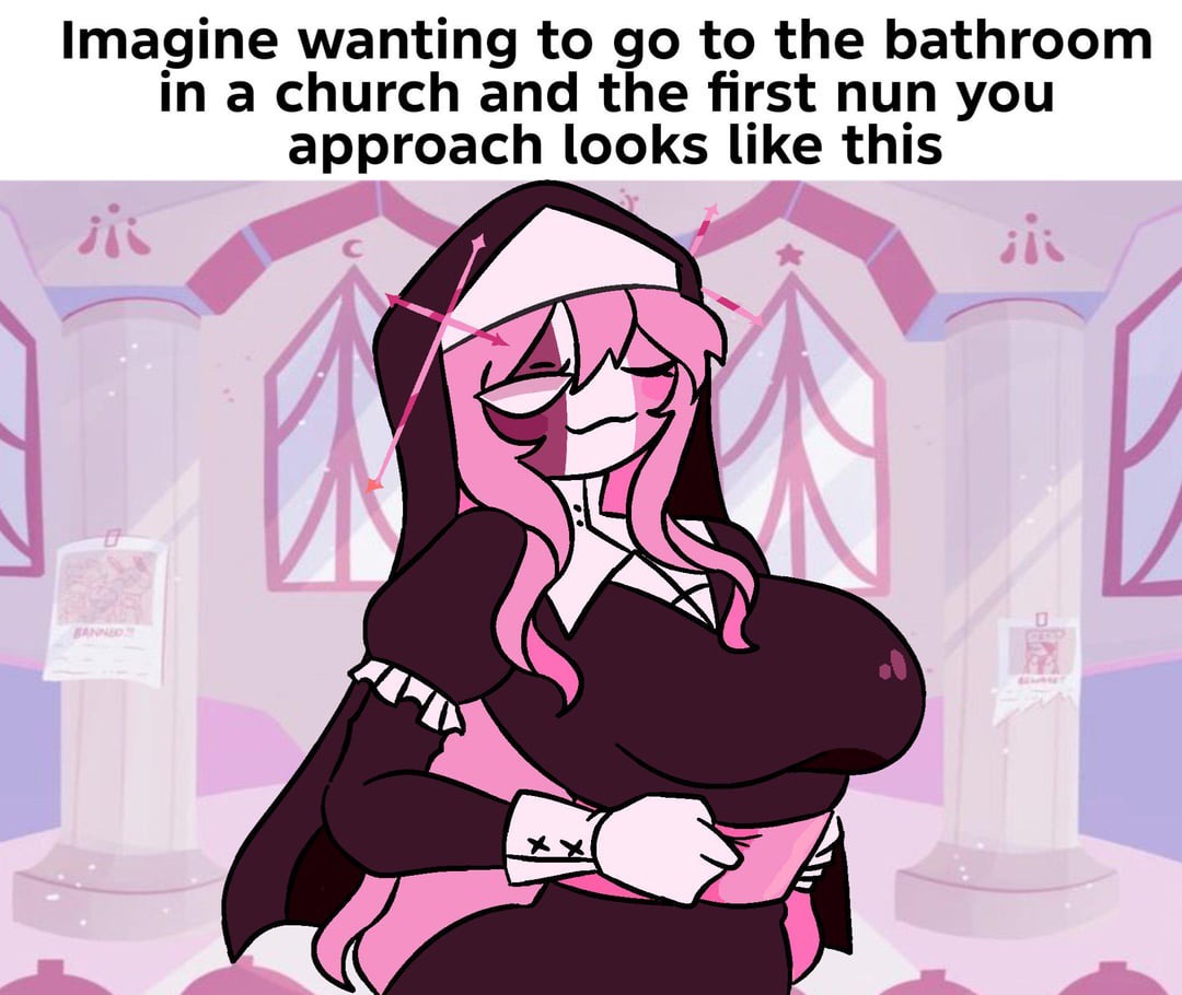 big breasts, blush, friday night funkin, friday night funkin mod, fully clothed, meme, mid-fight masses, nun, nun outfit, sarvente (dokki.doodlez), seductive, sexy, smile at viewer, tagme, winking at viewer, zamzipperart