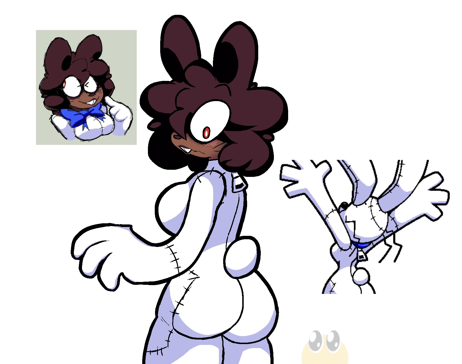 1girls, ass focus, boobs, breasts, brown hair, brown skin, bunny girl, butt focus, button nose, costume, dark-skinned female, fat ass, female, female human, female only, five nights at freddy's, five nights at freddy's: security breach, five nights at frickbears, five nights at frickbears 3, freckles, hair, human, luminousfox, meme in the background, red eyes, reference image, solo, tagme, vannabelle (frickbears 3), vanny (fnaf), vanny (frickbears)