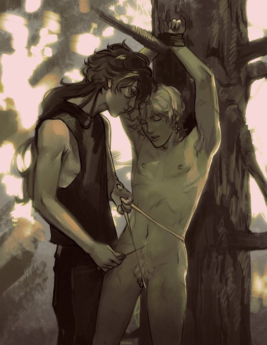 2boys, cuntboy, flins (genshin impact), genshin impact, hands tied, hands up, illuga (genshin impact), naked, no sex, restrained, transman, transmasc