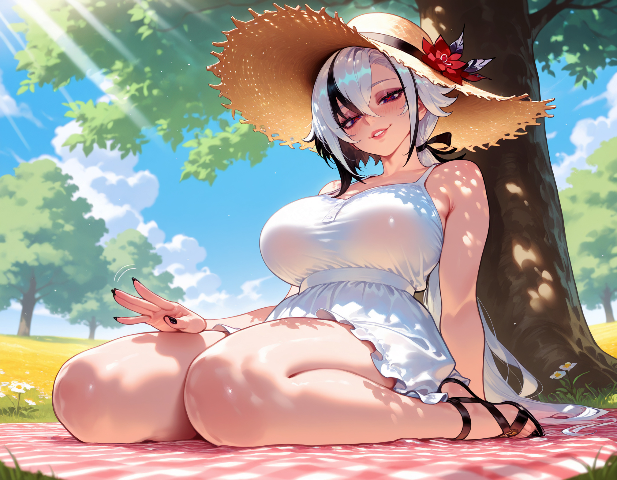 1girls, ai generated, alternate breast size, alternate costume, arlecchino (genshin impact), balecxi, bare arms, bare shoulders, black eyes, black footwear, black hair, black nails, blanket, blue sky, blush, breasts, clothing, cloud, collarbone, curvaceous, curvaceous female, curvaceous figure, curvy, curvy figure, day, dress, female, female focus, female only, fingernails, flower, full body, genshin impact, grass, grin, hair between eyes, hat, hat flower, headwear, lap pillow invitation, large breasts, lips, long hair, looking at viewer, low ponytail, mature female, milf, multicolored hair, nail polish, outdoors, parted lips, red pupils, sandals, seiza, sitting, sky, sleeveless, sleeveless dress, smile, solo, straw hat, streaked hair, sun hat, sundress, sunlight, symbol-shaped pupils, thick thighs, thighs, toenails, toes, tree, two-tone hair, voluptuous, voluptuous female, wariza, white dress, white hair, x-shaped pupils
