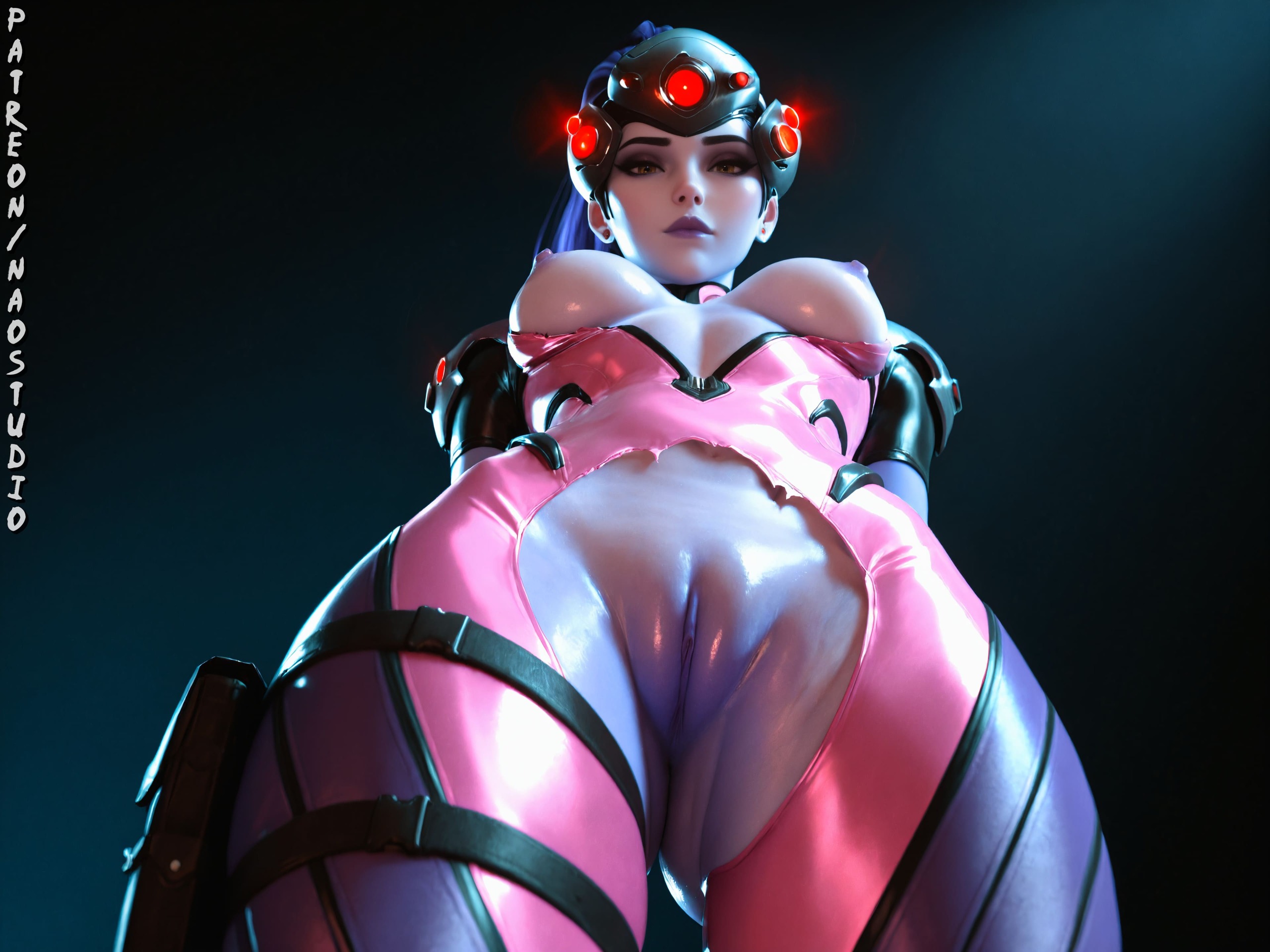 ahe gao, ai generated, amelie lacroix, anime, artist, ass, blizzard entertainment, blue skin, cleft of venus, dark skin, drooling, female, heart-shaped pupils, large breasts, lipstick, looking at viewer, makeup, naostudio, nipples, overwatch, overwatch 2, patreon, ponytail, pussy, rolling eyes, solo, spider, tattoo, thighs, tongue out, vaginal penetration, widowmaker, yellow eyes