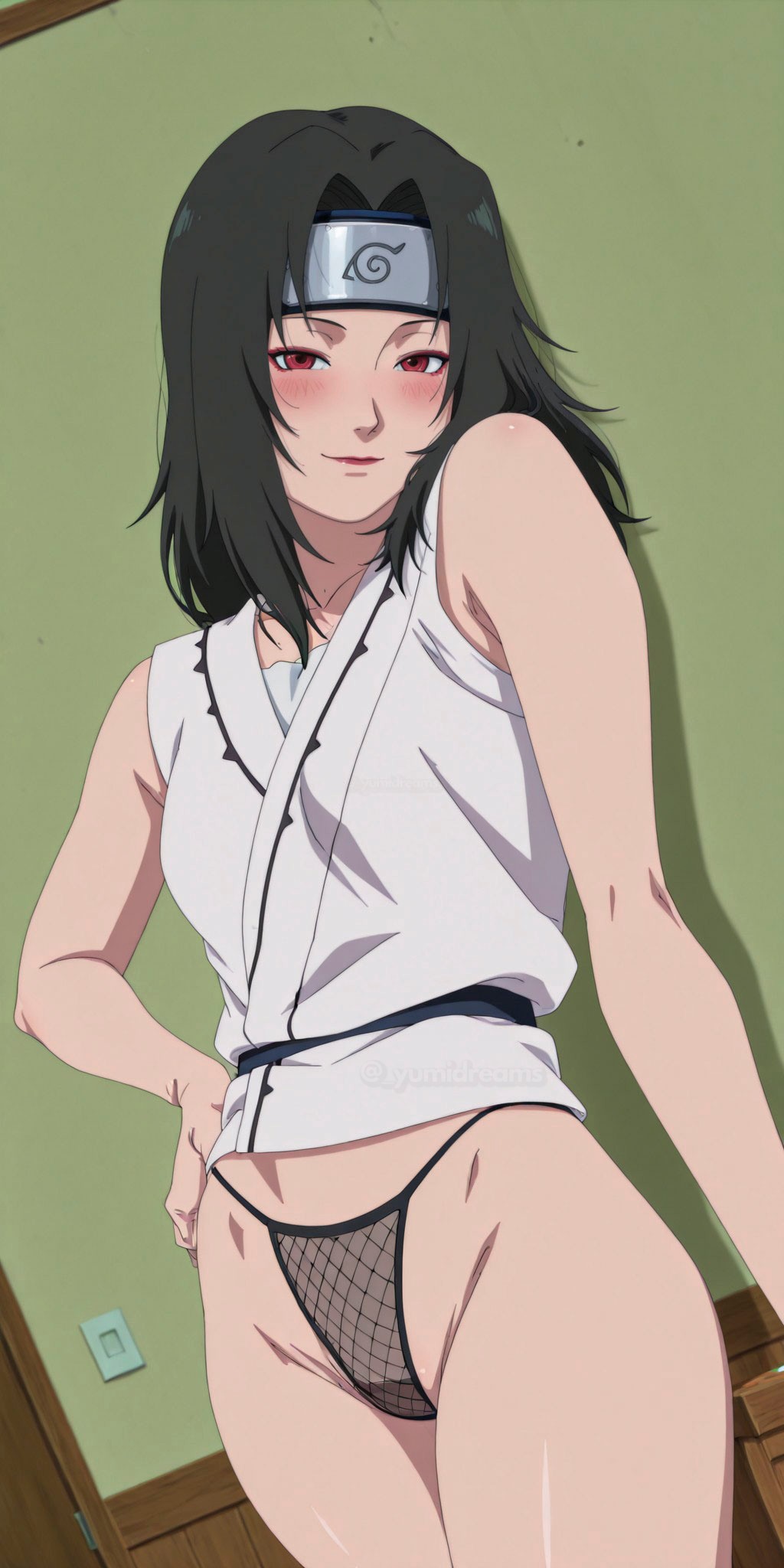  yumidreams, ai generated, bare shoulders, black hair, black panties, blush, breasts, chalkboard, closed mouth, cowboy shot, female, female pubic hair, fishnet panties, fishnets, forehead protector, groin, hand on hip, headband, highleg, highleg panties, indoors, japanese clothes, konohagakure symbol, kurenai yuhi, long hair, looking at viewer, naruto, naruto (series), naruto shippuden, no pants, panties, red eyes, sleeveless, sleeveless shirt, smile, solo, standing, underwear, watermark