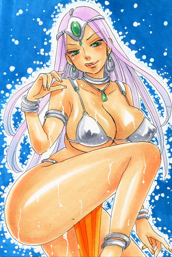 anklet armlet bikini bikini_top bracelet breasts choker circlet cleavage clothing cum cum_on_body dragon_quest dragon_quest_iv earrings female green_eyes hair large_breasts licking_lips loincloth long_hair maya_mahabala pendant purple_hair rodeorodeo solo