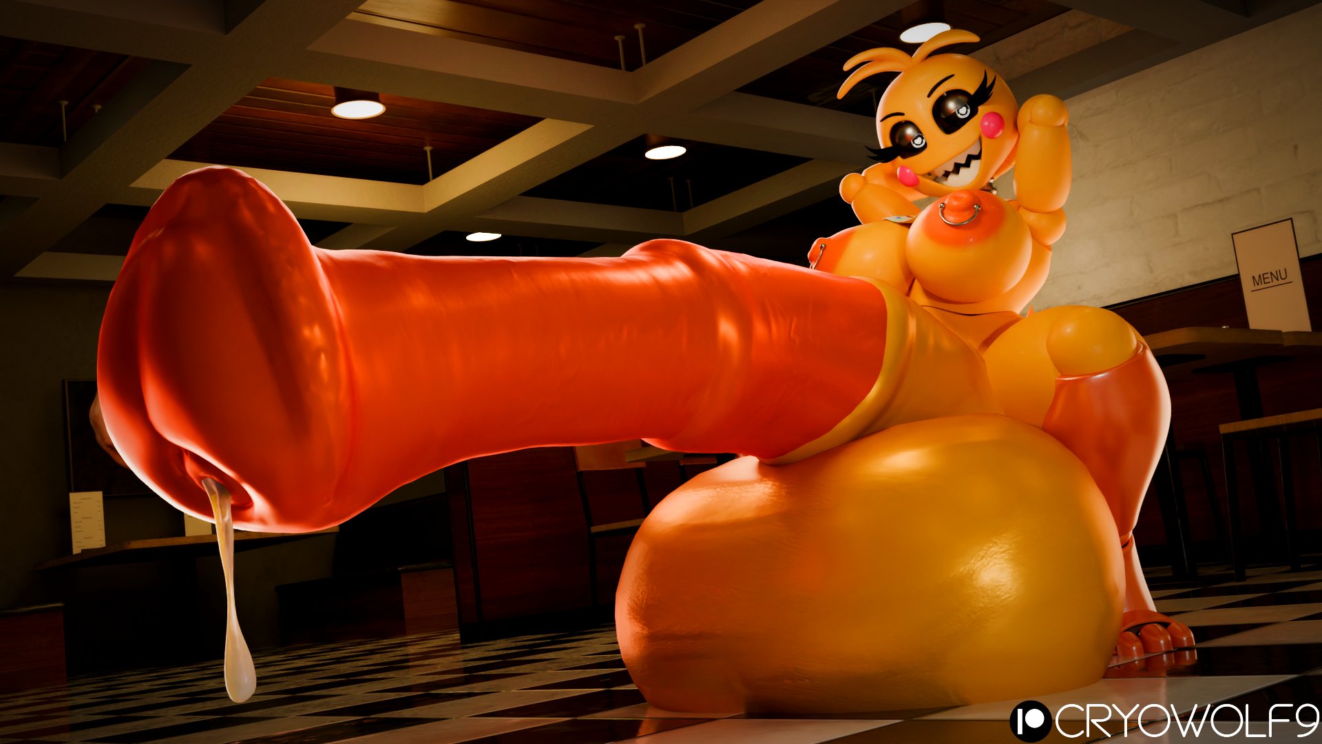 16:9, 3d, 3d (artwork), animal genitalia, animal penis, animatronic, balls, big balls, big penis, blender (artwork), blender cycles (artwork), bodily fluids, breasts, cryowolf9, cum, digital media (artwork), equine genitalia, equine penis, five nights at freddy's, futanari, genital fluids, genitals, gynomorph, hi res, horsecock on humanoid, huge balls, huge cock, humanoid, hyper, hyper balls, hyper genitalia, hyper penis, intersex, leaking cum, machine, nipple piercing, nipples, nude, penis, piercing, robot, scottgames, solo, solo futa, toy chica (fnaf), toy chica (love taste), widescreen