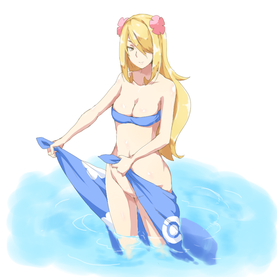 bikini_top blonde_hair bottomless cynthia_(pokemon) elite_four_(cosplay) female female_only human human_only phoebe_(pokemon)_(cosplay) pokemon sarong solo tagme water wigglytuff_(pokeacc)