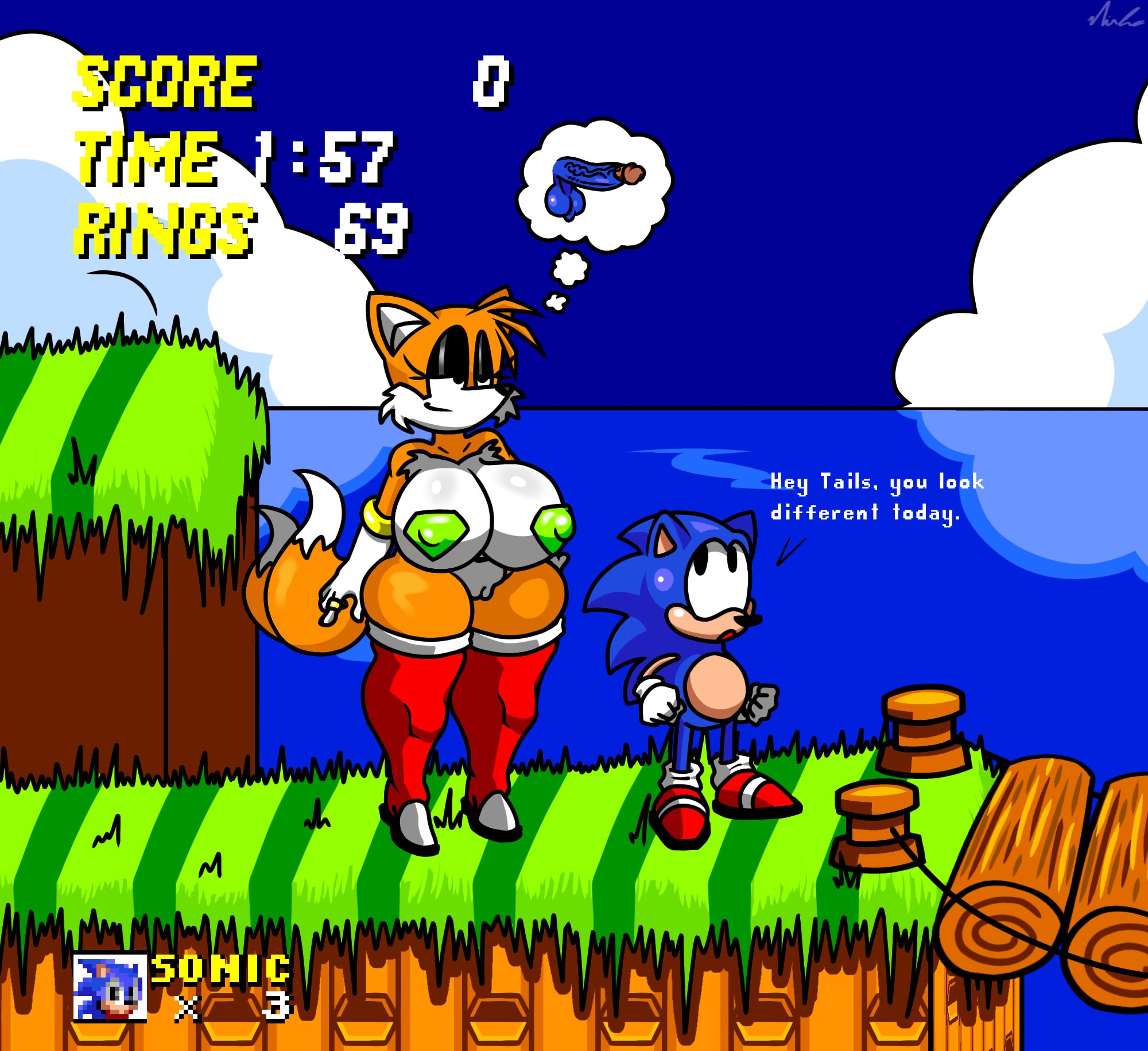 big breasts, big thighs, black eyelids, charalover338 (artist), english text, fox, fox ears, fox girl, game ui, gloves, hedgehog, pasties, ring, ring counter, rule 63, sonic (series), sonic the hedgehog, sonic the hedgehog (series), sonic the hedgehog 2, tail, tails the fox, tailsko, taller female, thinking, thinking about penis, visible pussy