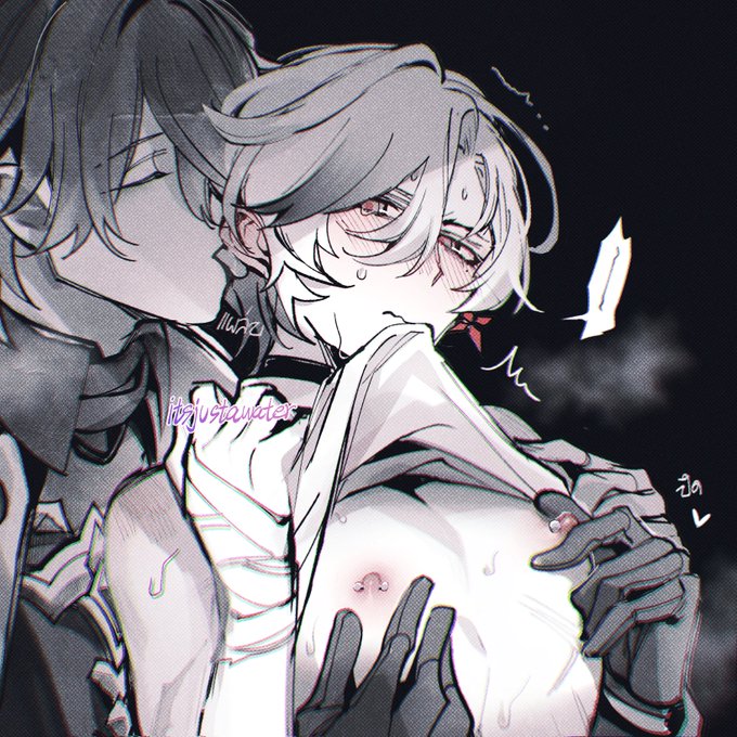 2boys, flins (genshin impact), from behind position, genshin impact, illuga (genshin impact), male/male, nipple piercing, nipple play, nipple tweak, shirt up, yaoi