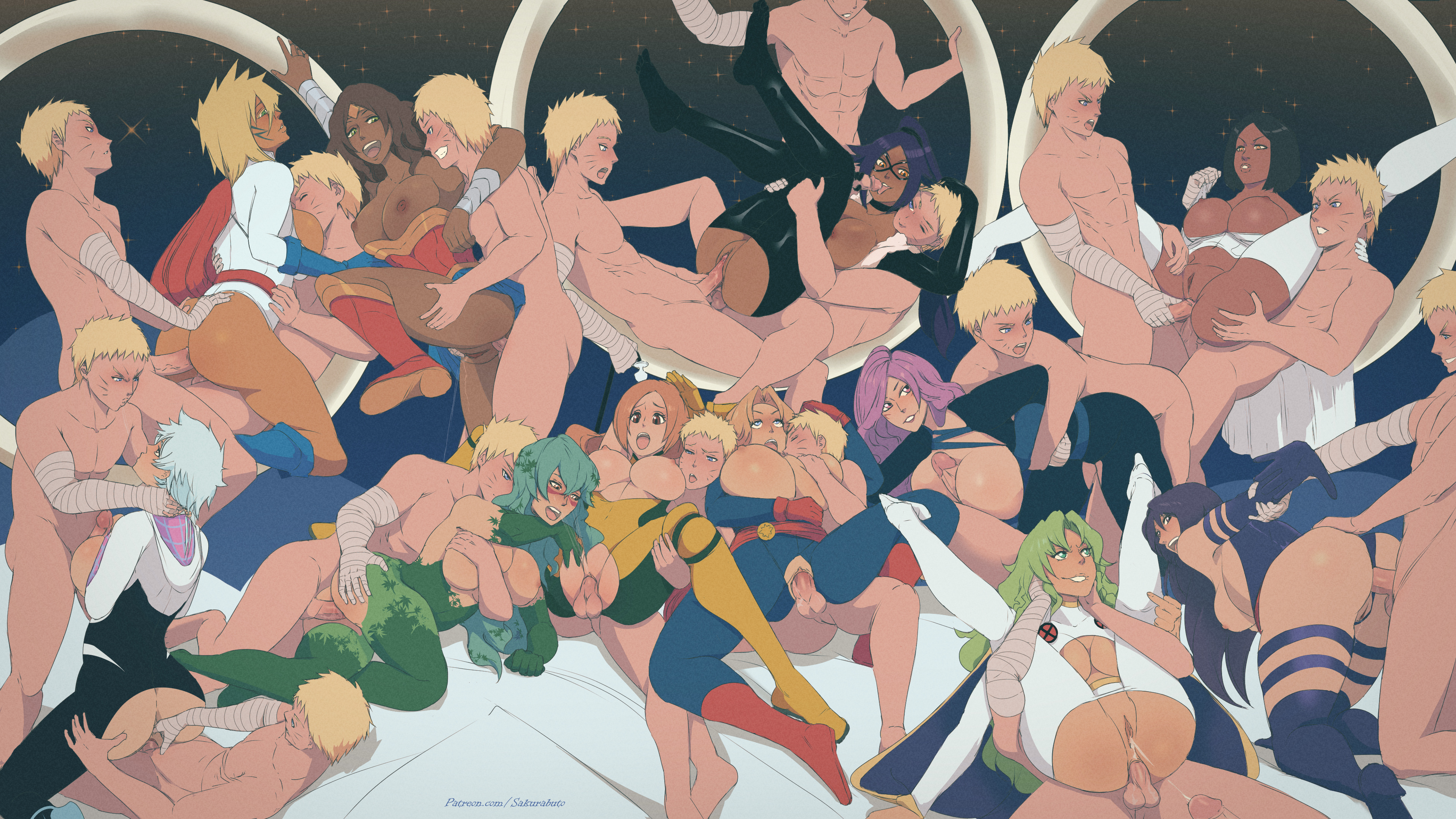11girls, 16:9, 16boys, 6+boys, 6+girls, after kiss, anal, anal sex, ass, ass grab, bambietta basterbine, batman (series), big ass, big breasts, big penis, black cat (cosplay), black hair, bleach, blonde hair, blue eyes, boruto: naruto next generations, breast grab, breasts, brown eyes, candice catnipp, captain marvel (cosplay), cleavage, clones, clothing, cosplay, crossover, cum, cum drip, cum in pussy, dark skin, dark-skinned female, dc, dc comics, double anal, emma frost (cosplay), fantastic four, female, female ejaculation, female orgasm, green eyes, green hair, group, group sex, halloween, hikifune kirio, huge breasts, human, inoue orihime, interracial, invisible woman (cosplay), jackie tristan, kotetsu isane, large ass, large breasts, latex suit, licking penis, long hair, male, marvel, marvel comics, matsumoto rangiku, mila rose, multiple boys, multiple girls, naruto, naruto (series), nelliel tu odelschwanck, nipples, open mouth, orange eyes, orange hair, orgy, paizuri, pale skin, penis, poison ivy (cosplay), power girl (cosplay), psylocke (cosplay), purple hair, pussy, pussy juice, rogue (x-men) (cosplay), sakurabuto, saliva, saliva string, saliva trail, sex, shihouin yoruichi, spider-gwen (cosplay), spider-man (series), squirting, storm (cosplay), straight, superman (series), tia harribel, uzumaki naruto, vaginal penetration, vaginal sex, violet hair, wonder woman (cosplay), wonder woman (series), x-men