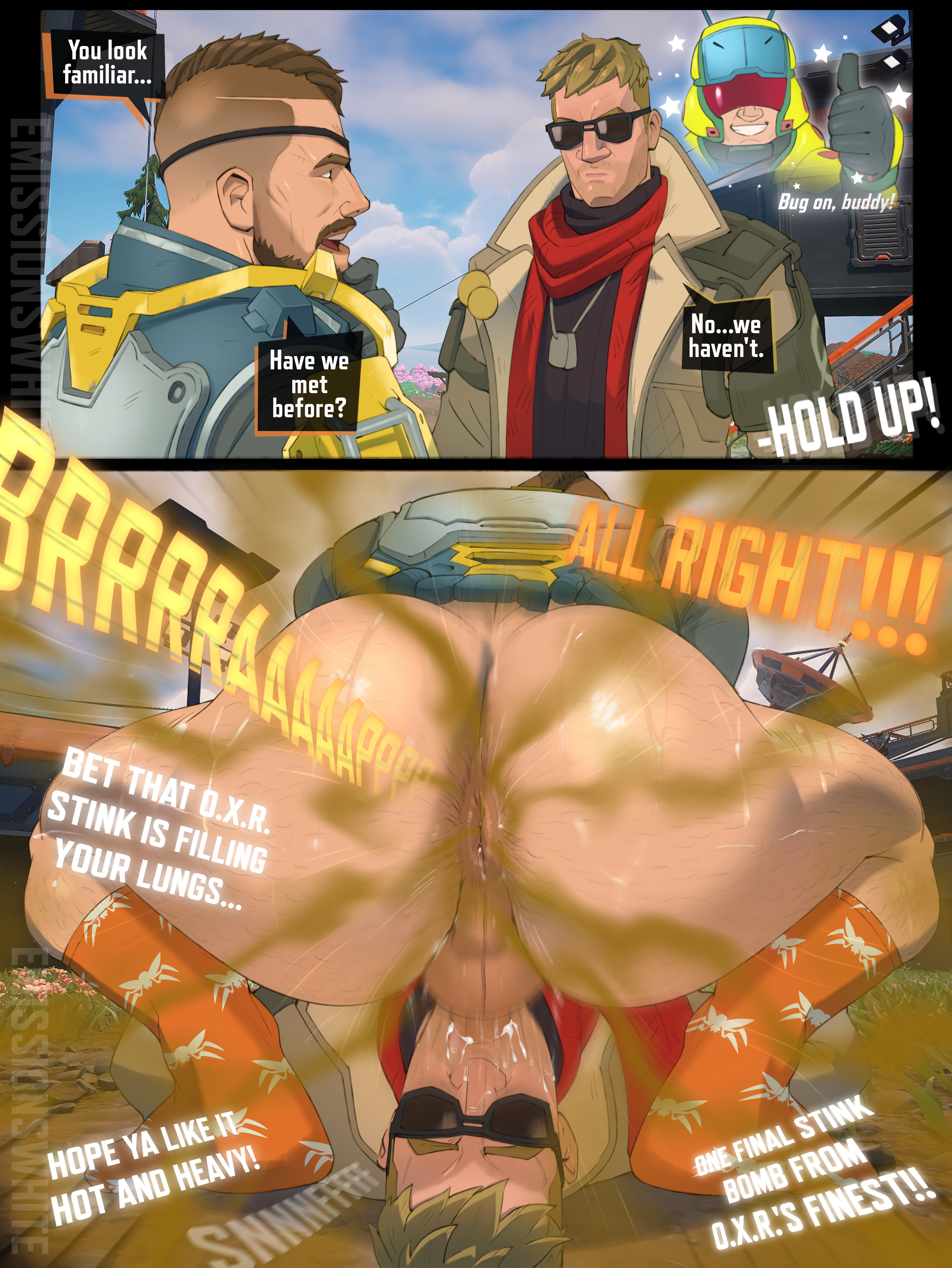 2 panel comic, 2boys, 2d, 2d (artwork), artist name, ass, ass focus, back view, backsack, balls, ballsack, beard, bent over, big ass, big ass (male), big butt, big butt (male), blonde hair, blowjob, brap, brown hair, butt focus, clothed, clothed male, cum, cum in mouth, cumming in mouth, cumming while penetrating, dat ass, dat butt, dialogue, dialogue box, emissionswhite, english dialogue, english text, face fucking, facial hair, fart, fart cloud, fart fetish, farting, farting in face, fat ass, fat butt, fellatio, fortnite, fortnite: battle royale, game screenshot background, gay, gay blowjob, gloating, hairy, hairy anus, hairy ass, hairy butt, hairy legs, hairy male, hand on chin, jacket, jonesy (fortnite), laying on floor, light skin, light-skinned male, lt. ripp slade, male, male only, male/male, mistaken identity, mohawk, motion blur, motion lines, mouth open, no pants, on floor, onomatopoeia, open mouth, oral, oral penetration, oral sex, orange socks, pantsless, penis, penis in mouth, pillar (fortnite), presenting, presenting anus, presenting ass, presenting butt, presenting hindquarters, scarf, screenshot background, short hair, smile, smiling with teeth, sniffing, sniffing farts, socks, staring at another, staring at partner, stubble, sunglasses, sweat, sweat string, sweaty, sweaty anus, sweaty ass, sweaty balls, sweaty body, sweaty butt, taint, talking, talking to another, talking to partner, text, text box, throat swabbing, thrusting, thrusting into mouth, thumbs up, vengeance jones, watermark, yelling
