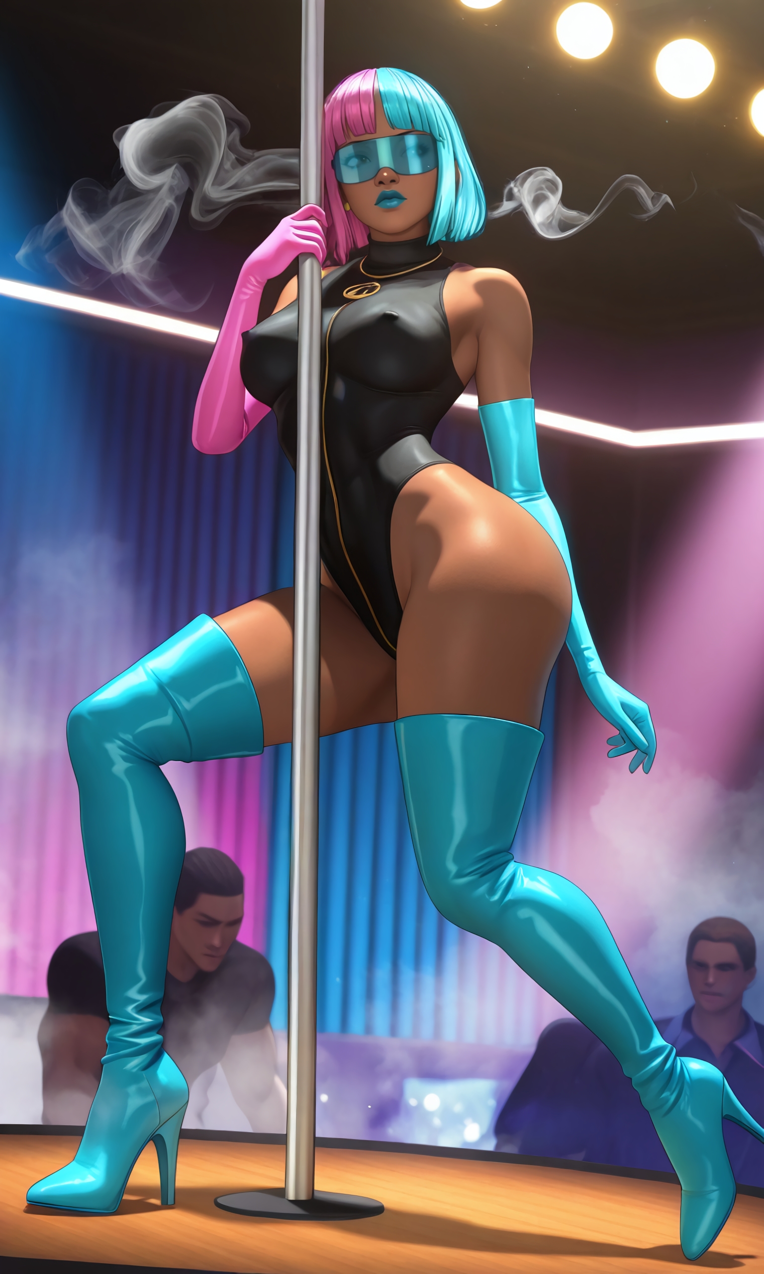 1girls, ai assisted, ai generated, alice (dispatch), ass, audience, bare shoulders, bare thighs, big ass, blue hair, blue lipstick, blue thigh boots, bob cut, breasts, cleavage, club, curvaceous, curvaceous body, curvaceous female, dark skin, dark-skinned female, dispatch (game), elbow gloves, erect nipples, exotic dancer, eyewear, female, female focus, gloves, high heel boots, leotard, lipstick, multicolored hair, nightclub, nipple bulge, nipples, pink hair, pole, pole dancer, pole dancing, prism, protocat, realistic, realistic textures, smoke, solo focus, stage lights, strip club, stripper, stripper clothes, stripper pole, stripping, striptease, thigh boots, tinted eyewear, two-tone hair, video game character, visor, visor glasses