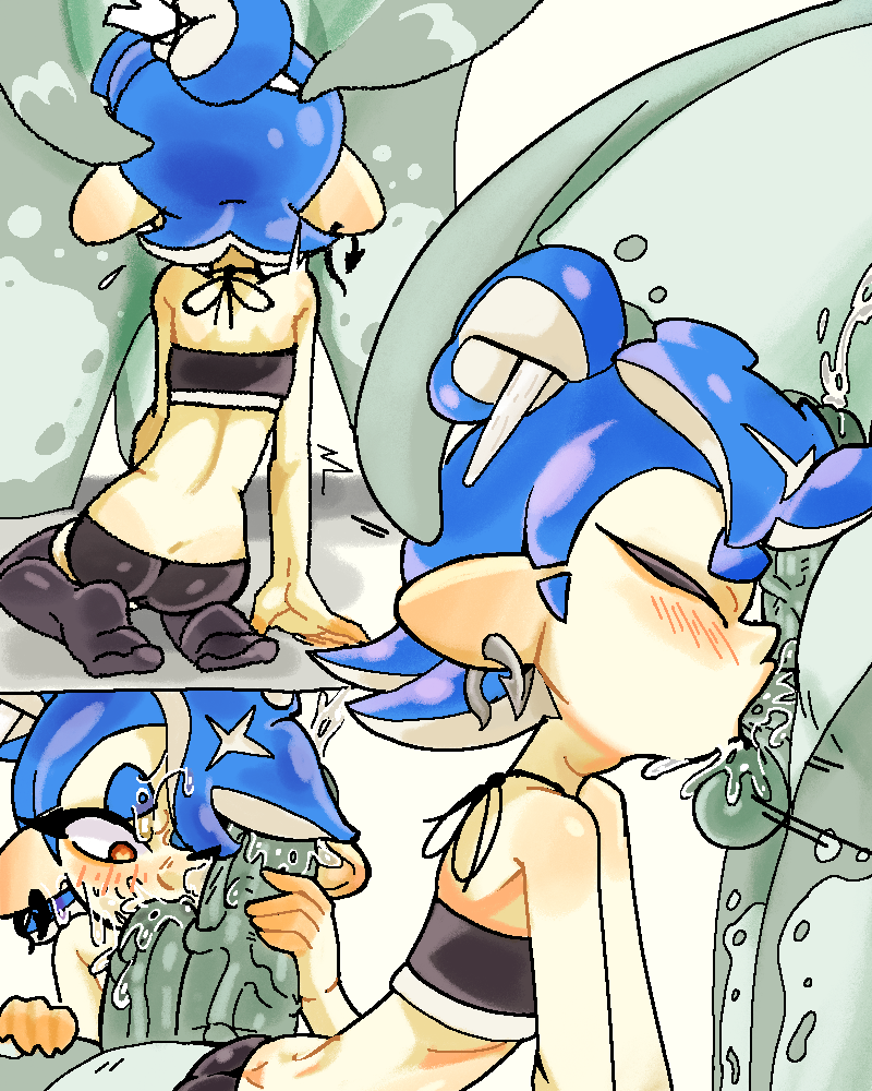 2 penises, ass, big man (splatoon), blue hair, blush, bodily fluids, cephalopod, closed eyes, colored, comic, deep throat, diphallia, diphallism, drooling, duo, eyelashes, feet, fellatio, female, feral, fish, genitals, hair, hinaz1, humanoid, kneeling, looking at penis, male, male/female, manta ray, marine, mollusk, multi genitalia, multi penis, nintendo, octarian, octoling, oral, oral penetration, penetration, penile, penis, ray (fish), red eyes, saliva, sex, shiver (splatoon), sitting, splatoon