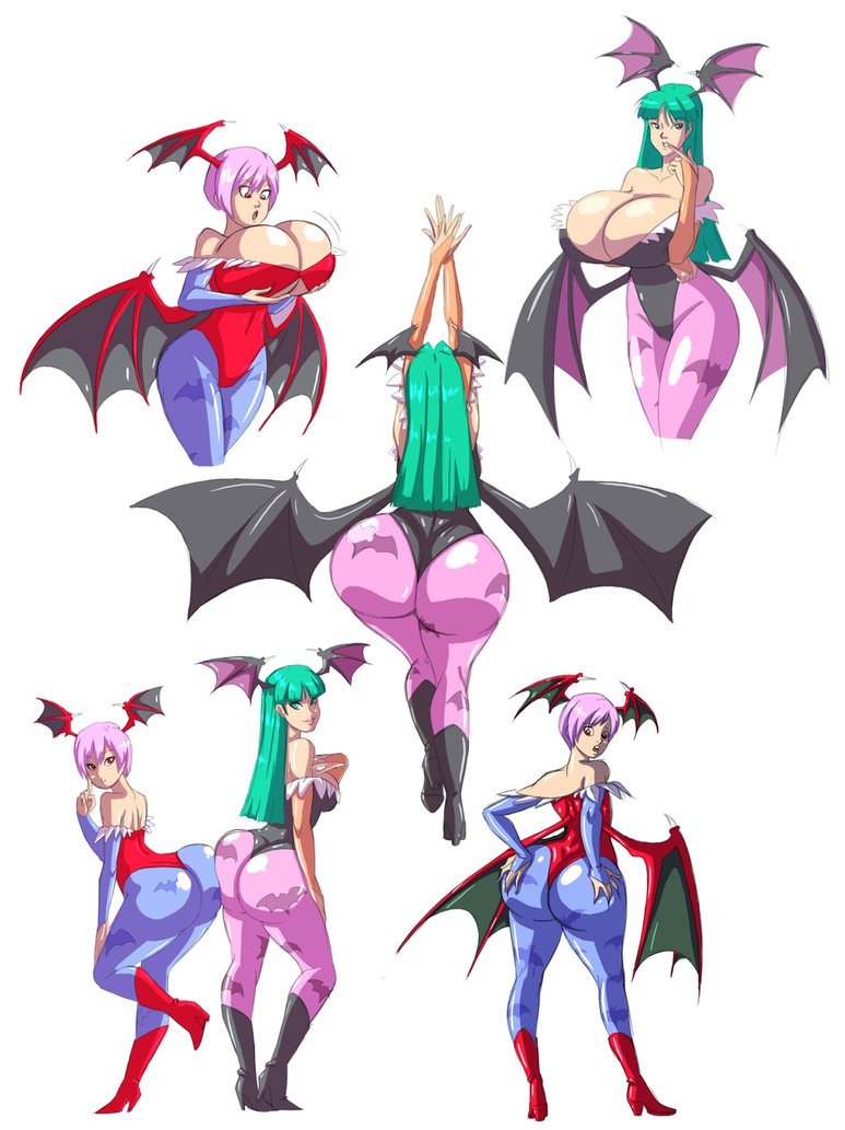 alternate ass size, alternate breast size, ass, axel-rosered, big ass, big breasts, big butt, breasts, bubble ass, bubble butt, capcom, clothing, darkstalkers, demon, duo, female, gigantic breasts, green hair, head wings, hourglass figure, huge ass, huge butt, lilith aensland, medium breasts, morrigan aensland, purple hair, seductive, sisters, succubi, succubus, succubus wings