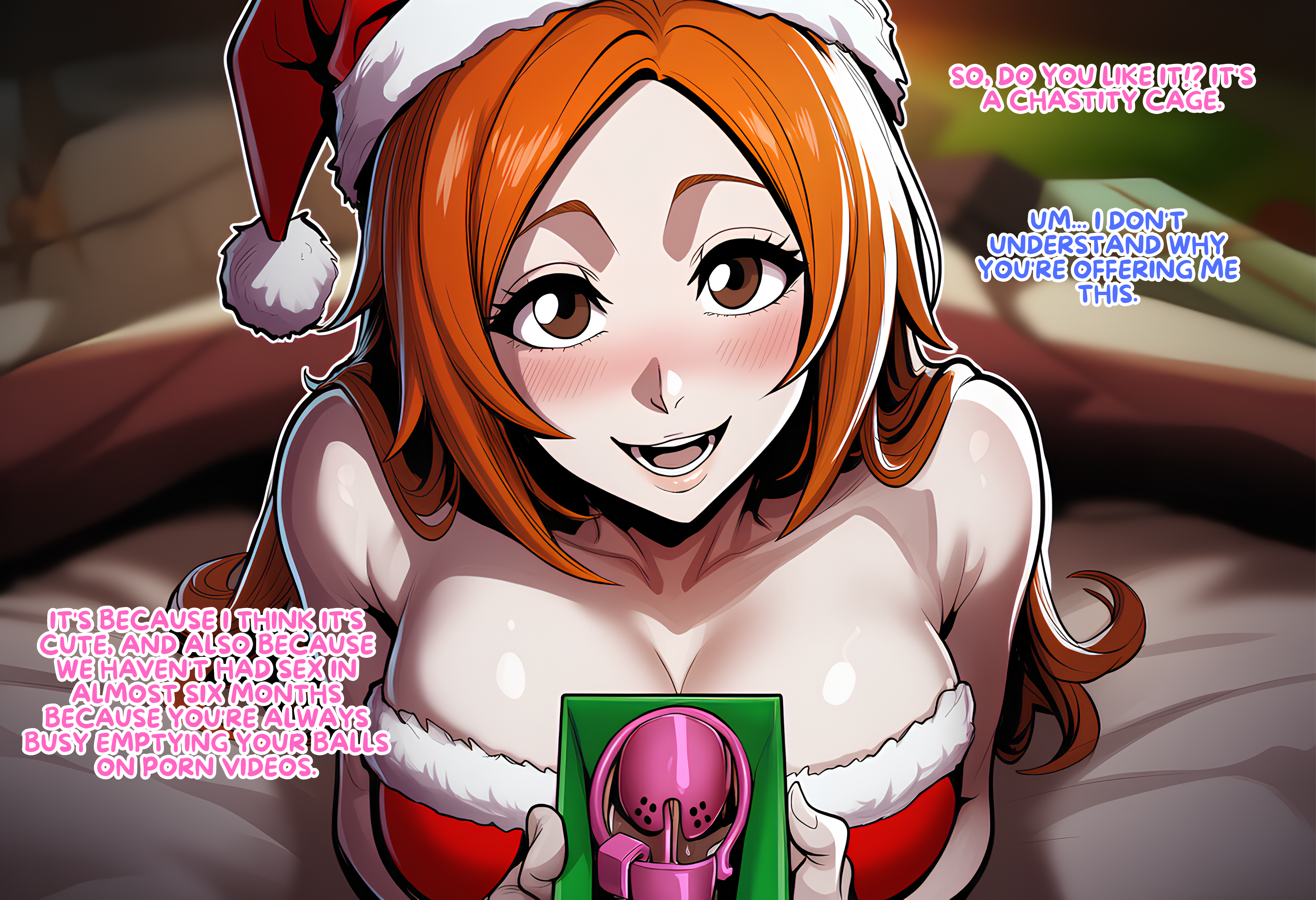 1girls, 2boys, ai, ai art, ai assisted, ai generated, art namiemoon, big breasts, bitch, bleach, breasts, caged, caption, cfnm, chastity, chastity cage, cheating, cheating female, cheating girlfriend, cheating wife, christmas, christmas outfit, color, cuck, cuckold, english, english dialogue, english text, female, femdom, femdom caption, gift, gift box, goddess, hair, hat, high quality, high resolution, human, humiliated, humiliating, humiliation, inoue orihime, large breasts, male, muscular, muscular male, netorare, netorase, ntr, patreon, penis, prosthetic, seductive, size difference, smell, submissive, submissive male, text