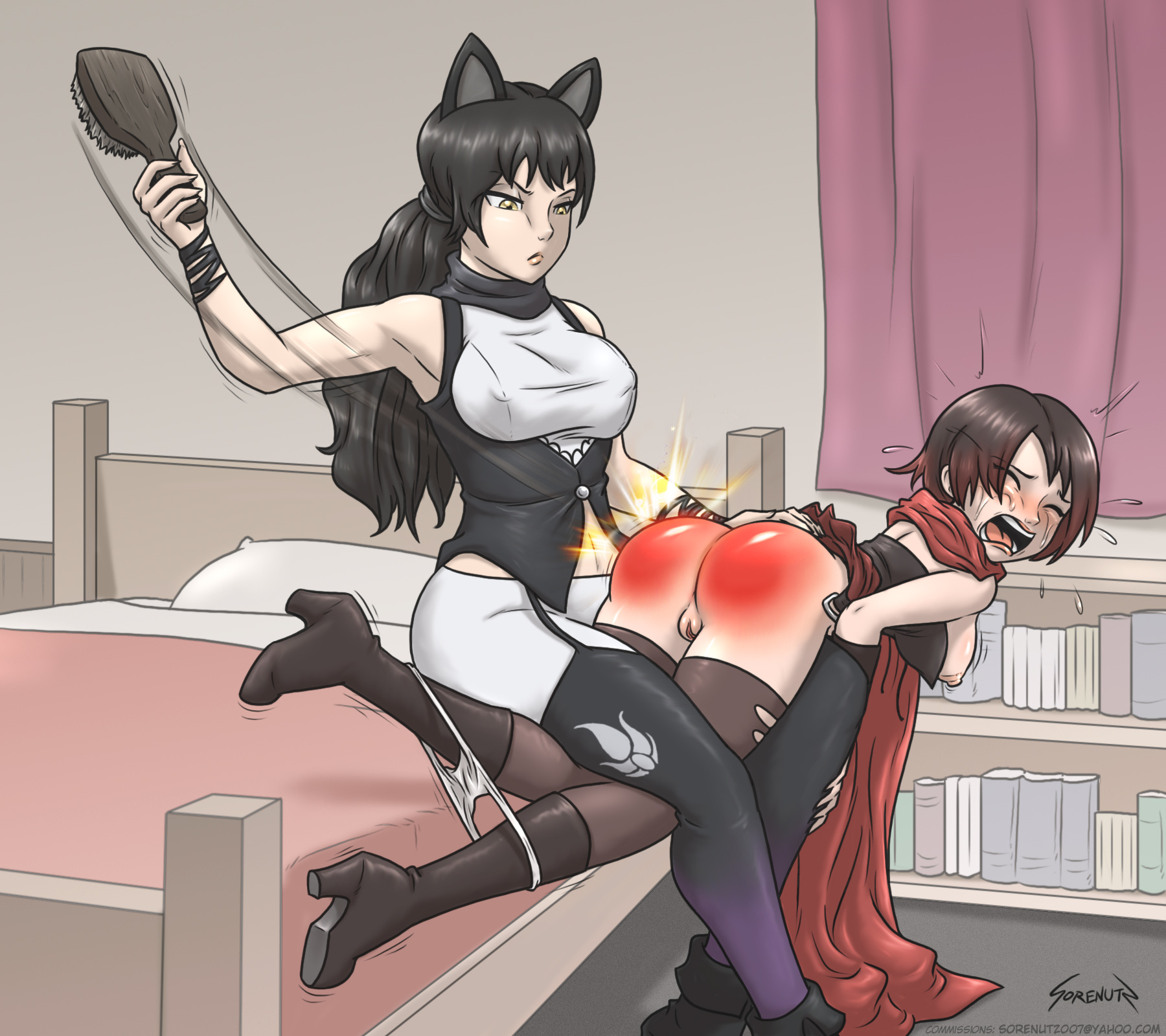 2girls, ass, bare ass, bare breasts, blake belladonna, boots, breasts, crying, crying with eyes closed, dominant female, exposed ass, exposed breasts, female, female domination, female only, femdom, femsub, lezdom, open mouth, over the knee spanking, panties down, punishment, punishment spanking, ruby rose, rwby, sobbing, sorenutz, spanking, tears, yuri