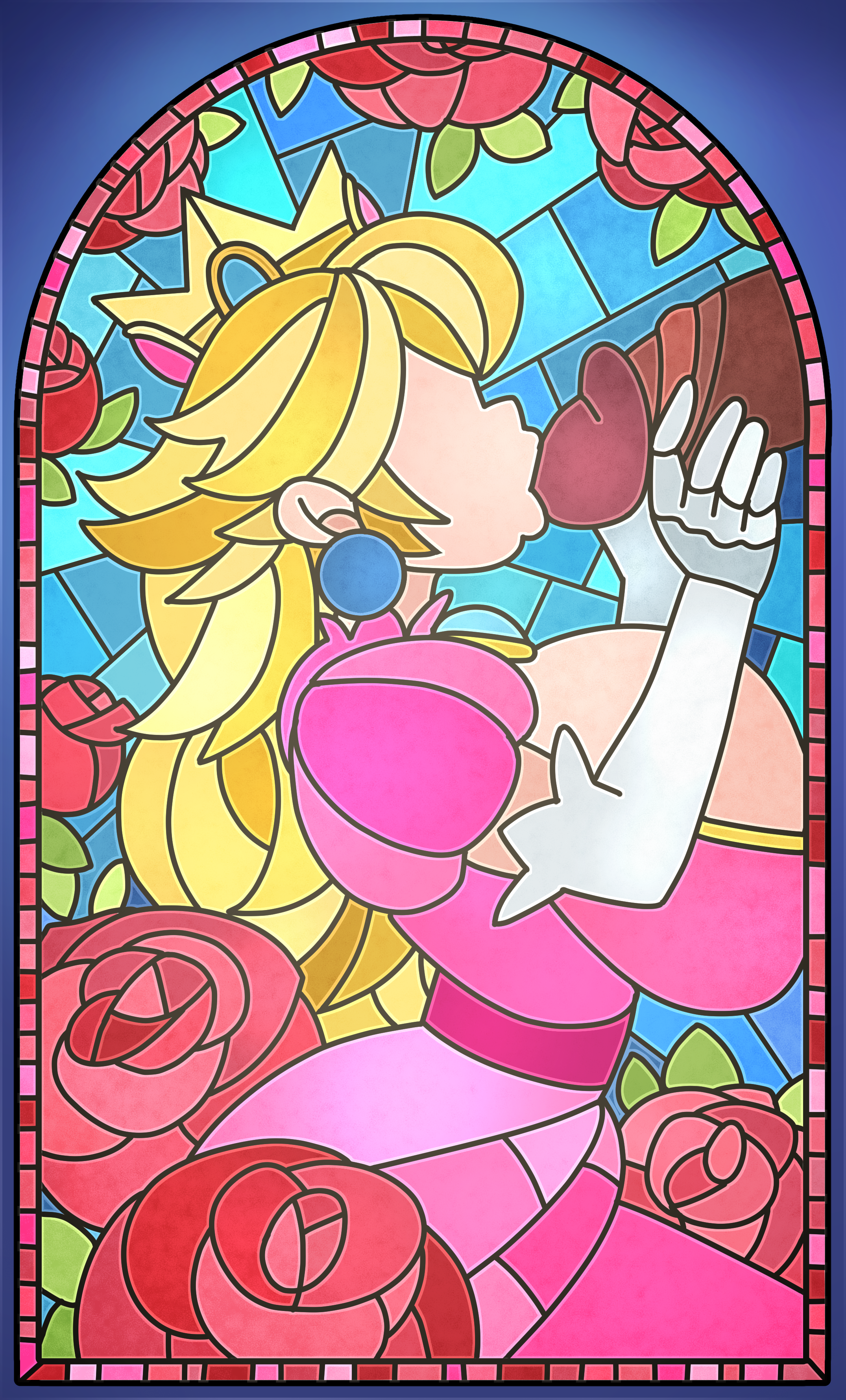 1boy, 1girls, 2025, big penis, blonde hair, breasts, breasts bigger than head, clariarikari, color, crown, disembodied penis, dress, earrings, elbow gloves, fellatio, female, foreskin folds, hands on penis, huge breasts, lips on penis, male, mario (series), nintendo, no source, oral, penis, princess peach, rose, stained glass, stained glass window, sucking penis