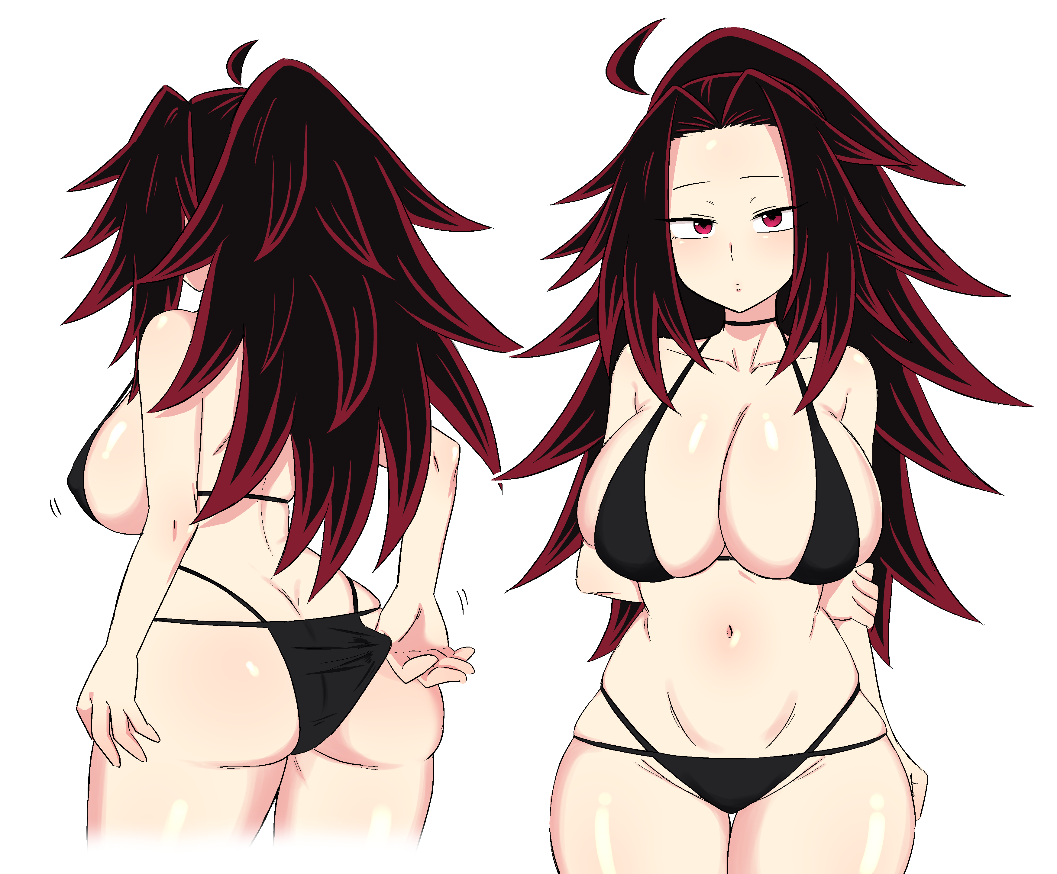 1girls, 2025, ass, big breasts, bikini, black bikini, breasts, clothed, clothing, demon slayer, e dji3, female, female only, hi res, kimetsu no yaiba, kokushibo, light skin, light-skinned female, long hair, looking at viewer, looking away, michikatsu tsugikuni, red eyes, red hair, rule 63, semi nude, simple background, solo, stomach, thick thighs, thighs, white background