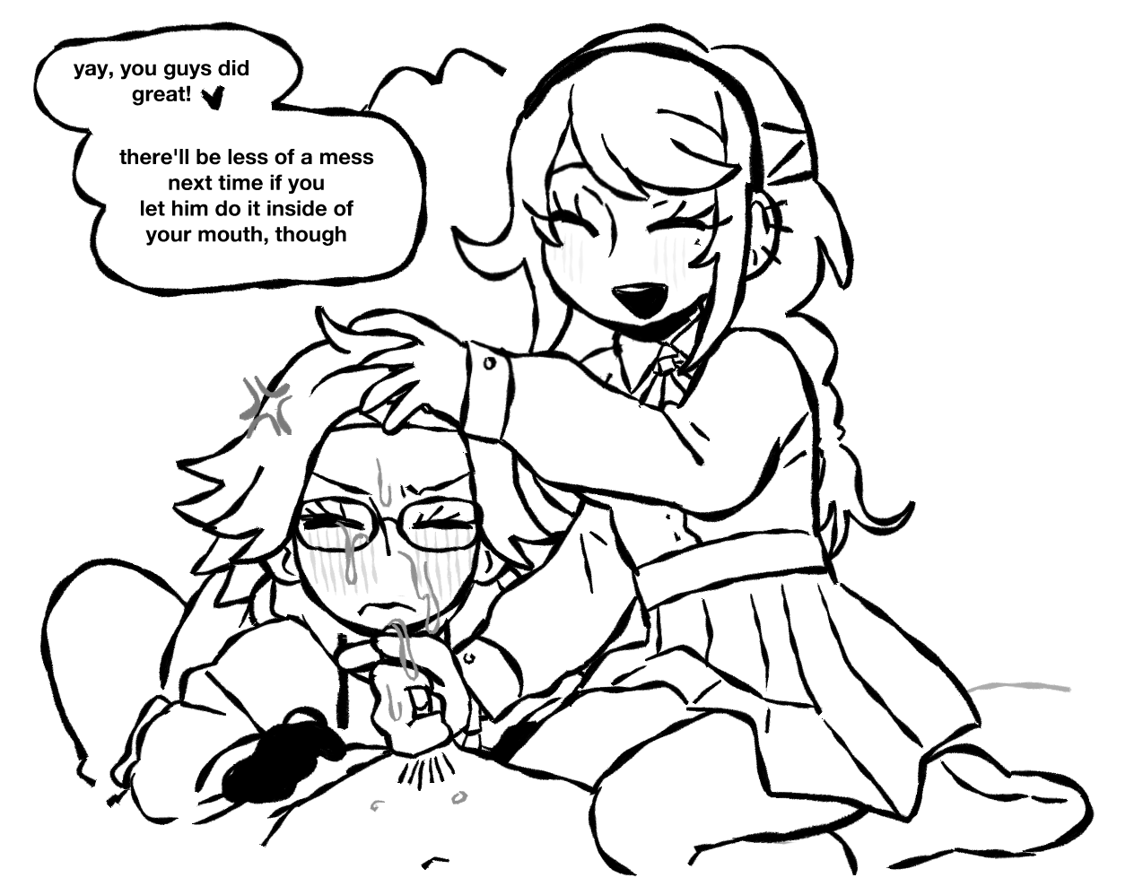2boys, 2boys1girl, after cumshot, after fellatio, after oral, after orgasm, angry, angry expression, angry face, aotsuki eito, bisexual, bisexual male, bisexual threesome, coaching, cum, cum on face, cumshot, cumshot on face, eito aotsuki, encouragement, female, female supporting yaoi, handjob, kirifuji nozomi, male, praise, pupn1k, sexual coaching, the hundred line -last defense academy-, threesome, torturetakkun