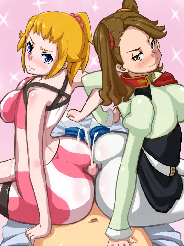 1boy, 2girls, ass, assjob, brown hair, buttjob, covered assjob, covered buttjob, cum, cum on ass, double buttjob, ejaculation, female, gundam, gundam build fighters, gundam build fighters try, hoshino fumina, huge ass, male, multiple females, multiple girls, penis, rubbing, sazaki kaoruko