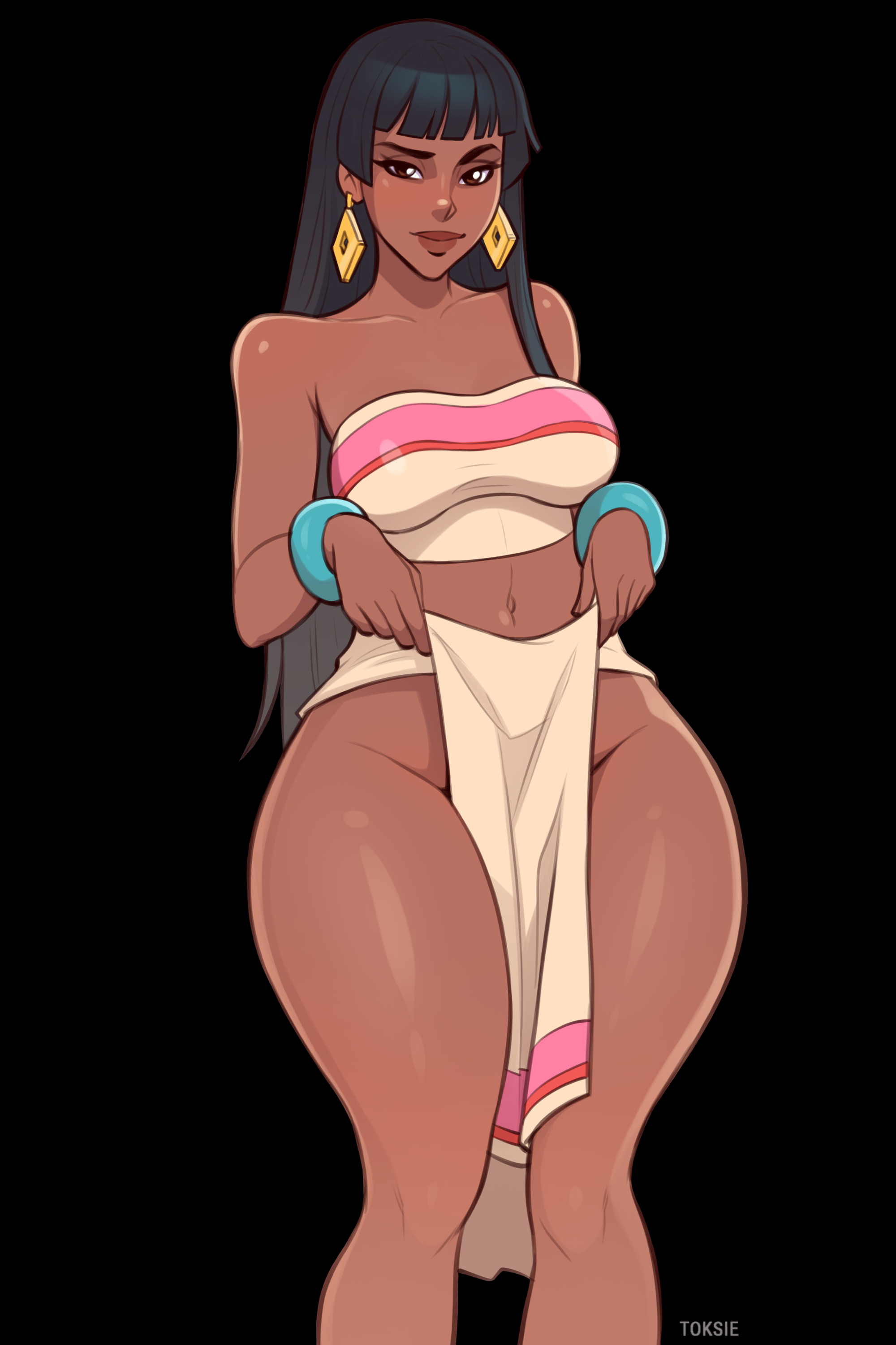 1girls, 2d, 2d (artwork), ashleyblaze (editor), bandeau, black background, bracelet, breasts, brown skin, chel, clothed, dark hair, earrings, edit, female, fringe, jewelry, lifting skirt, long hair, looking at viewer, medium breasts, native american, no bra, no underwear, pelvic curtain, raised eyebrow, skirt, solo, standing, the road to el dorado, thick thighs, third-party edit, toksie, watermark, wide hips