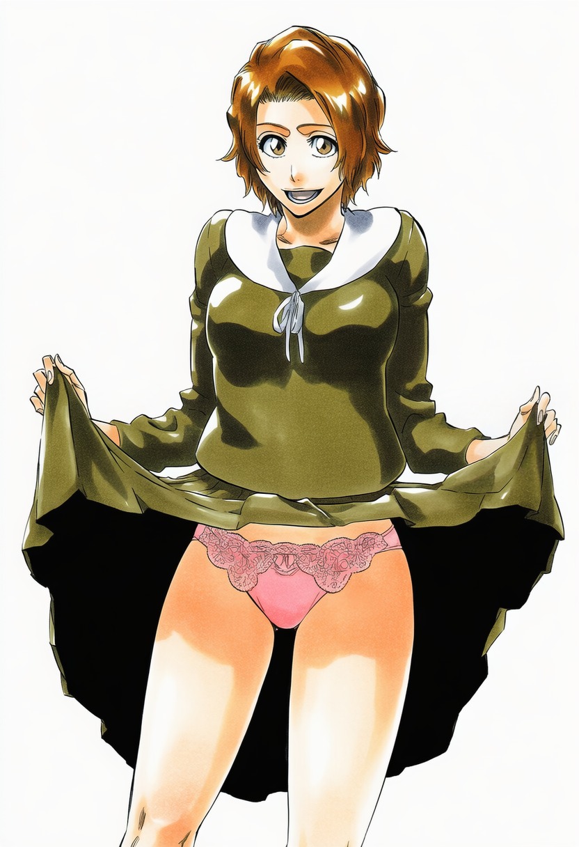 1girls, accurate art style, accurate body type, ai generated, auburn hair, bleach, bleach: the thousand-year blood war, breasts, brown eyes, brown hair, clothes lift, clothes pull, clothing, cowboy shot, digital media (artwork), fanart, female, female focus, female only, flashing, green shirt, green skirt, highres, japanese clothes, kurosaki masaki, lace, lace trim, lace-trimmed panties, lifted by self, long sleeves, looking at viewer, marker (medium), masaki kurosaki, open mouth, panties, pantsu, pink panties, pink underwear, pleated skirt, school uniform, seifuku, shiny hair, shiny skin, short hair, simple background, skirt, skirt lift, smile, solo, solo female, solo focus, thigh gap, thighs, tite kubo style, traditional clothes, underwear, uniform, upskirt, white background, ㅇㅇ
