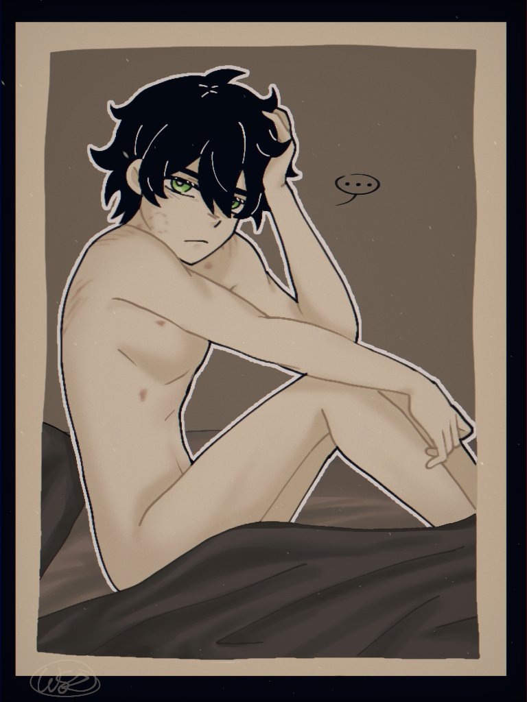 1boy, 2d, andrew graves, black hair, bruise, green eyes, hickey, hickey marks, looking at viewer, male, male only, nude, scratch marks, scratches, solo, solo male, the coffin of andy and leyley, wsz