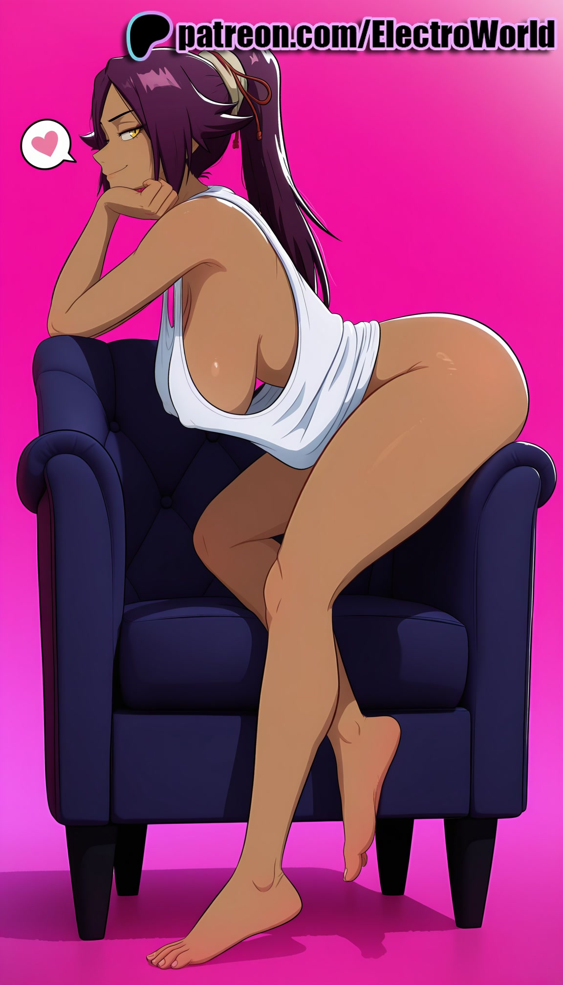 1girls, 2025, ai generated, artist name, bare shoulders, barefoot, big breasts, big chest, bleach, breasts, bust, busty, chair, chest, couch, dark skin, dark-skinned female, electroworld, female, heart, hi res, high quality, high resolution, highres, large breasts, patreon, patreon username, pink background, purple hair, shihouin yoruichi, sideboob, sitting, solo, speech bubble, spoken heart, stable diffusion, watermark, yellow eyes