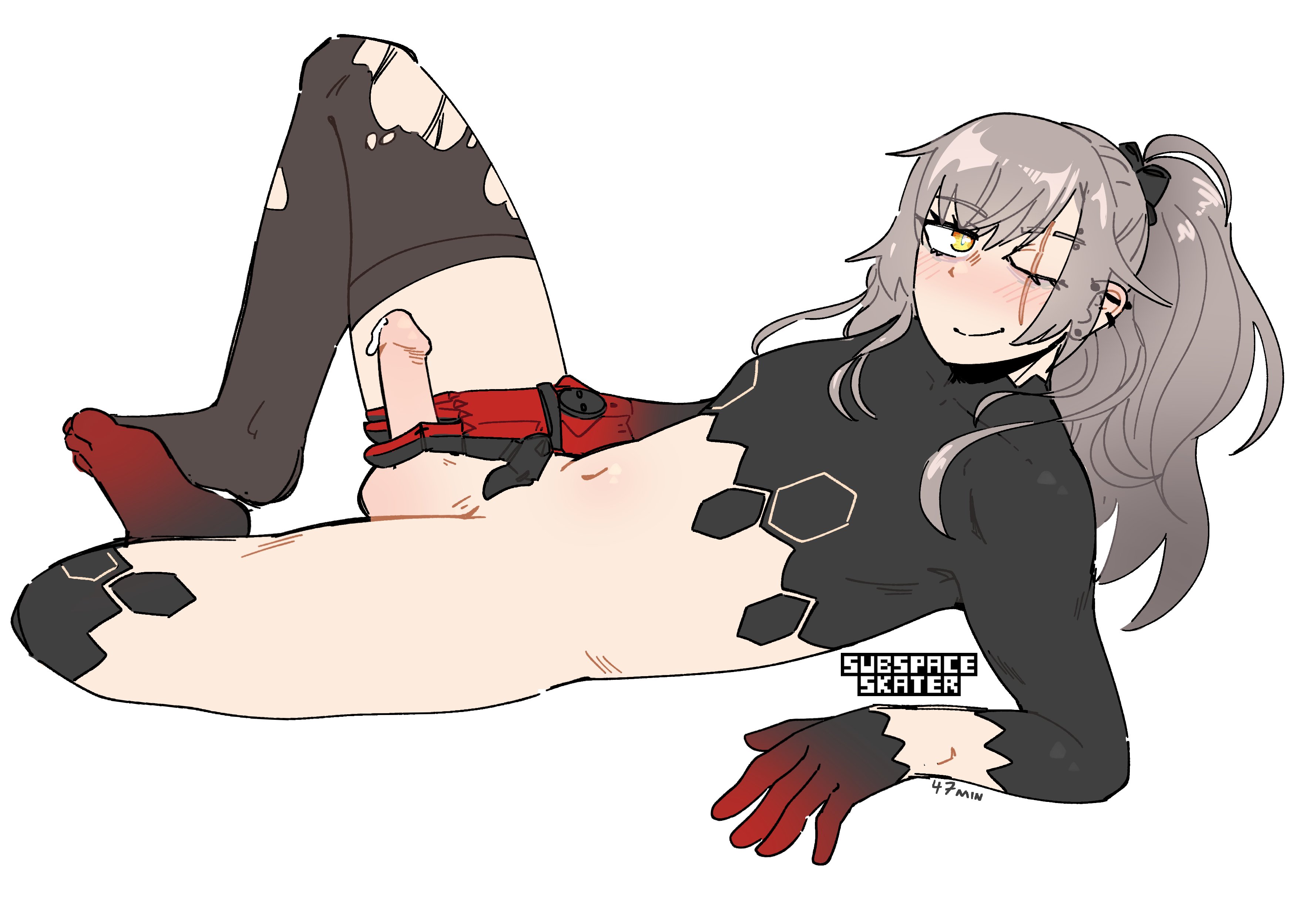 1futa, blush, bottomless, brown hair, closed mouth, flat chest, futa only, futanari, girls' frontline, girls' frontline 2: exilium, hair ribbon, intersex, leva (girls' frontline 2), long hair, looking at viewer, mechanical arm, naked, nanomachines, navel, nude, one eye closed, penis, ponytail, precum, reclining, scar, scar on face, single thighhigh, smile, subspaceskater, thighhighs, topless, trans woman, transfem, ump45 (girls' frontline), uncensored, yellow eyes