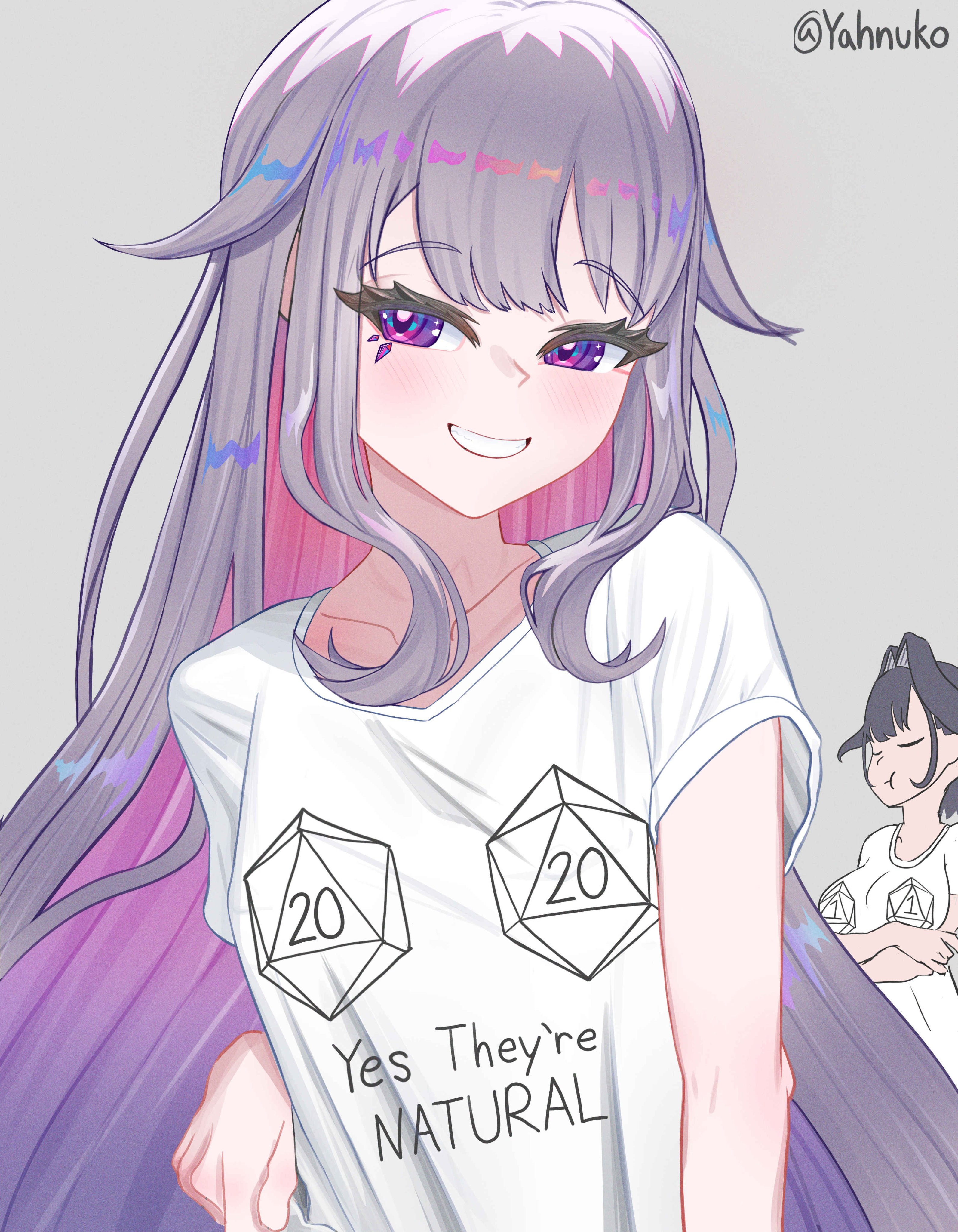 2girls, blush, breast size difference, breasts, d20, female, grey hair, half-closed eyes, highres, hololive, hololive english, hololive english -advent-, hololive english -council-, hololive english -promise-, jewelry, koseki bijou, large breasts, long hair, looking at viewer, multicolored hair, ouro kronii, pink hair, purple eyes, short sleeves, sidelocks, small breasts, virtual youtuber, white background, white shirt, yahnuko