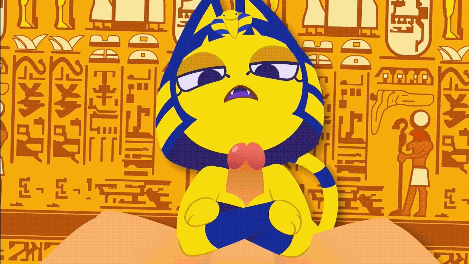 animal crossing, animated, ankha, ankha (animal crossing), big penis, breasts, cat ears, cat girl, cat tail, furry, furry female, furry on human, large ass, large breasts, large penis, licking, licking penis, naked, naked female, penis, precum, titjob, tongue out, villager (animal crossing), zone