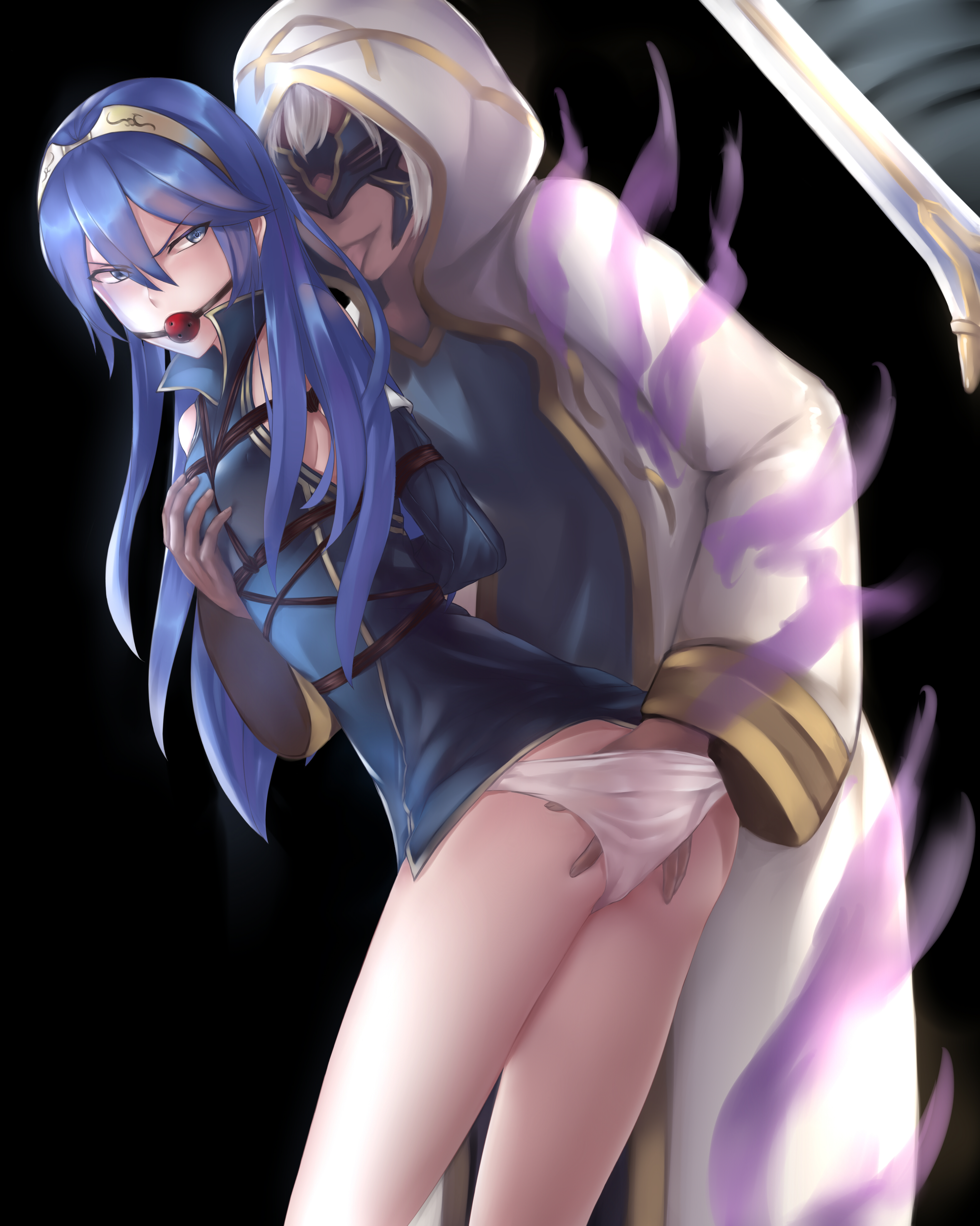 1boy, 1girls, angry, arms behind back, ass, ball gag, bdsm, blue eyes, blue hair, bondage, bound, bound arms, breast grab, breasts, female, femsub, fingering, fingering under clothes, fire emblem, fire emblem awakening, fire emblem heroes, flat chest, flat chested, gag, gagged, hand on breast, harness, kiran (fire emblem), kiran (fire emblem) (male), legs, long hair, lucina (fire emblem), male, maledom, medium breasts, nintendo, panties, rope, rope bondage, rope harness, standing, tongue, tongue out