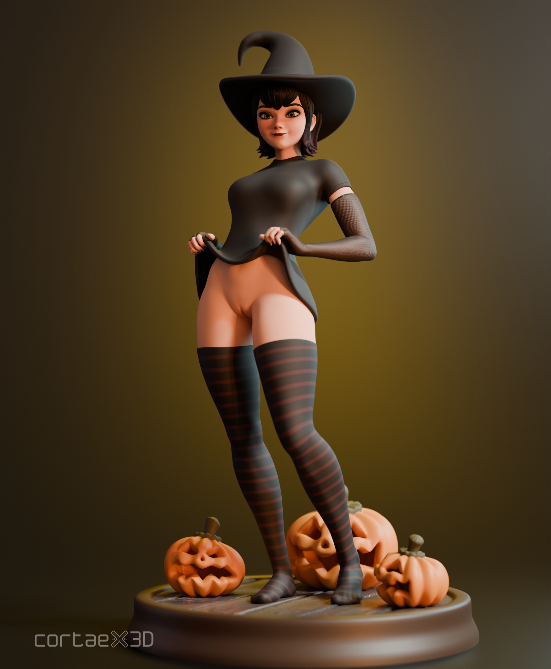 3d, 3d (artwork), black socks, blue eyes, cortaex3d, female, female focus, female only, gloves, goth girl, halloween, hotel transylvania, legs, mavis dracula, pumpkin, pussy, shaved pussy, shirt, short hair, striped socks, vampire girl, witch hat