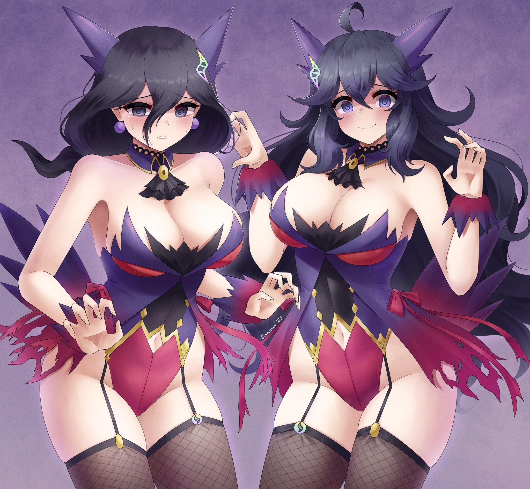 1boy, 2025, 2girls, bare shoulders, bare thighs, big breasts, big thighs, breasts, clothed, clothing, cosplay, doiparuni, female, game freak, gengar (cosplay), heart, hex maniac, hex maniac (pokemon legends: z-a), hex maniac (pokemon xy), hi res, huge breasts, japanese text, light skin, light-skinned female, long hair, looking at viewer, male, mega gengar (cosplay), mommy, nintendo, occult maniac, occult maniac (pokemon legends: z-a), occult maniac (pokemon), occult maniac (z-a), plump, pokemon, pokemon (cosplay), pokemon legends: z-a, pokemon xy, purple hair, simple background, stockings, tape, themed clothes, thick thighs, thighs