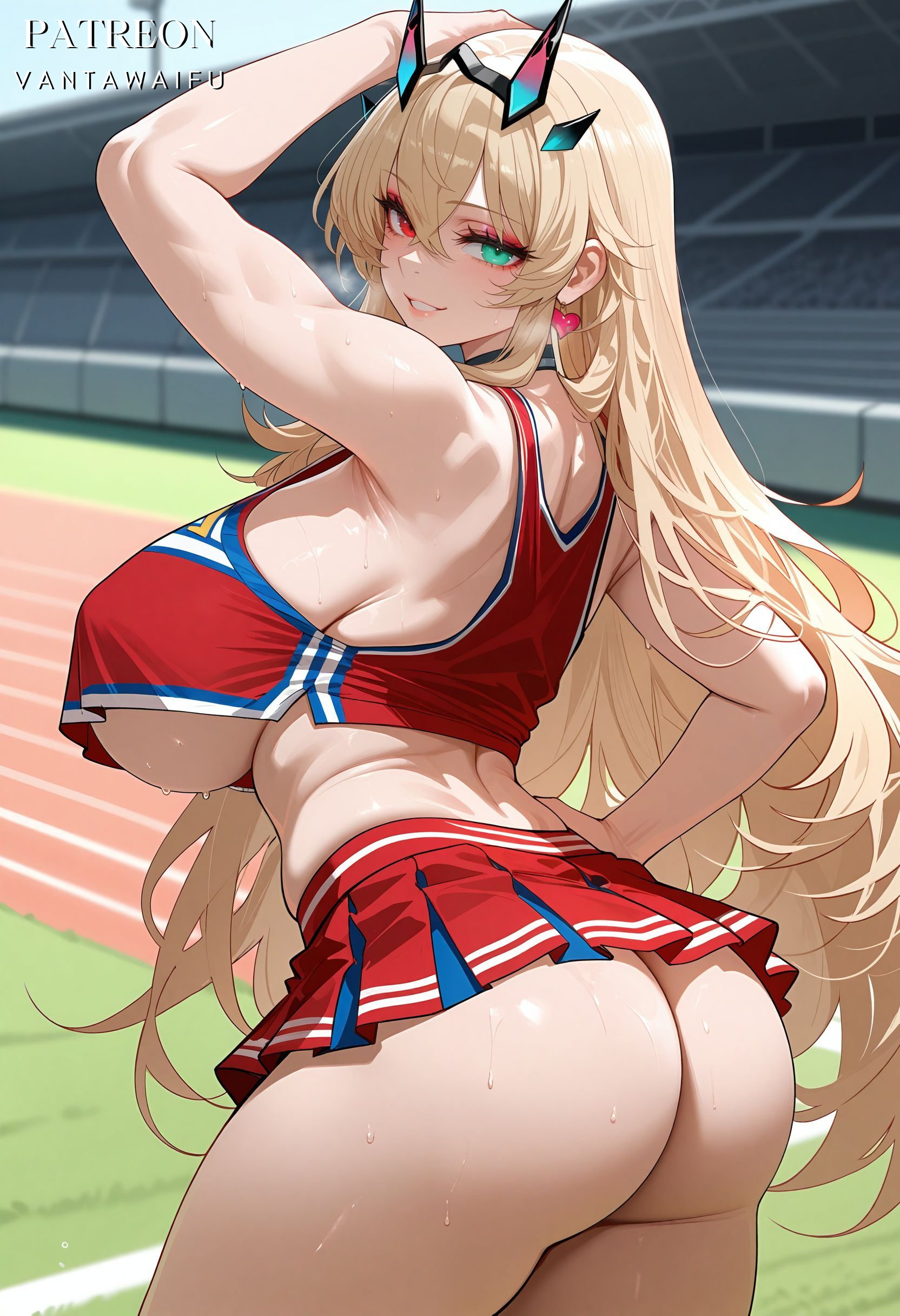 1girls, ai generated, arm up, armpits, ass, ass focus, back, bangs, bare shoulders, barghest (fate), barghest (gawain) (fate), biceps, blonde hair, blush, breasts, cheerleader, choker, clothing, crop top, crop top overhang, earrings, fate (series), fate/grand order, female, female only, from behind, green eyes, grin, heterochromia, holding pom poms, horns, huge ass, huge breasts, interracial, jewelry, large breasts, light-skinned female, long hair, looking at viewer, looking back, miniskirt, muscular, muscular female, netorare, ntr, outdoors, patreon username, pleated skirt, pom pom (cheerleading), red eyes, red shirt, red skirt, red tank top, sideboob, skirt, smile, solo, sportswear, stadium, sweat, thick thighs, thighs, twisted torso, underboob, underbutt, vantawaifu