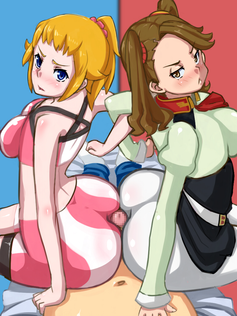 1boy, 2girls, ass, assjob, brown hair, buttjob, covered assjob, covered buttjob, double buttjob, female, gundam, gundam build fighters, gundam build fighters try, hoshino fumina, huge ass, male, multiple females, multiple girls, penis, rubbing, sazaki kaoruko