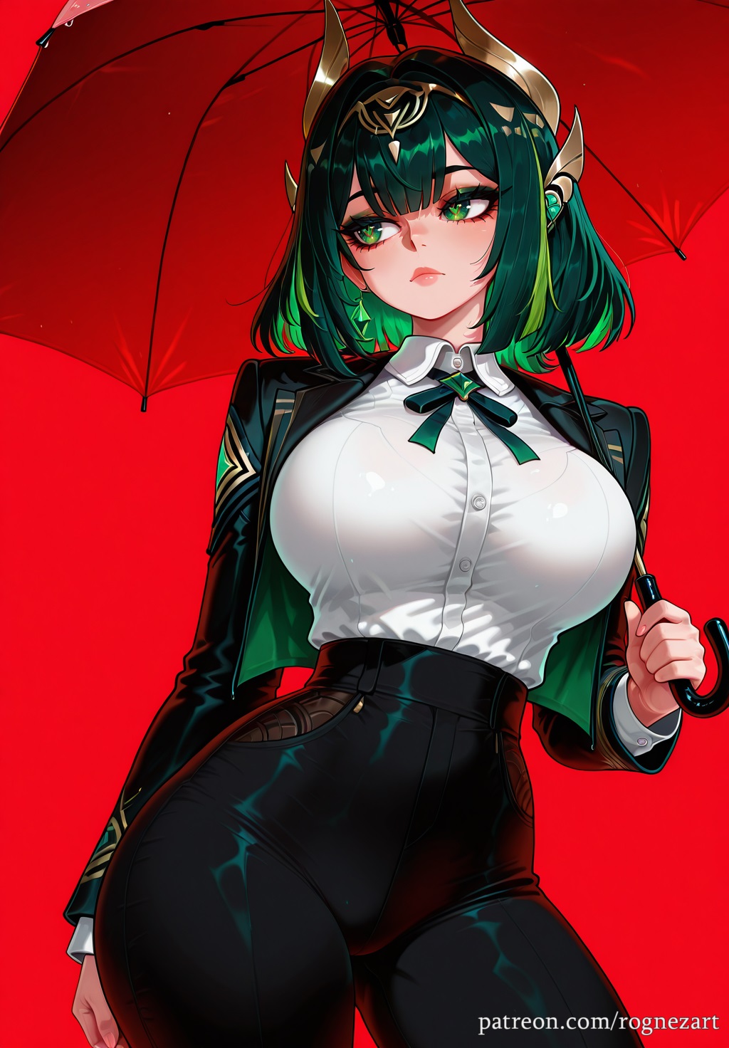 2025, ai generated, anime, bangs, black pants, breasts, cleavage, closed mouth, collared shirt, colored inner hair, crossover, female, female focus, female only, genshin impact, green eyes, green hair, green ribbons, high-waist pants, highres, holding, holding umbrella, hoyoverse, huge breasts, jacket, jewelry, large breasts, lips, long sleeves, looking away, looking to the side, mihoyo, multicolored hair, neck ribbon, nefer (genshin impact), neutral expression, pants, patreon, red background, ribbon, rognezart, shirt, shirt tucked in, short hair, simple background, solo, thick thighs, two-tone hair, umbrella, white shirt