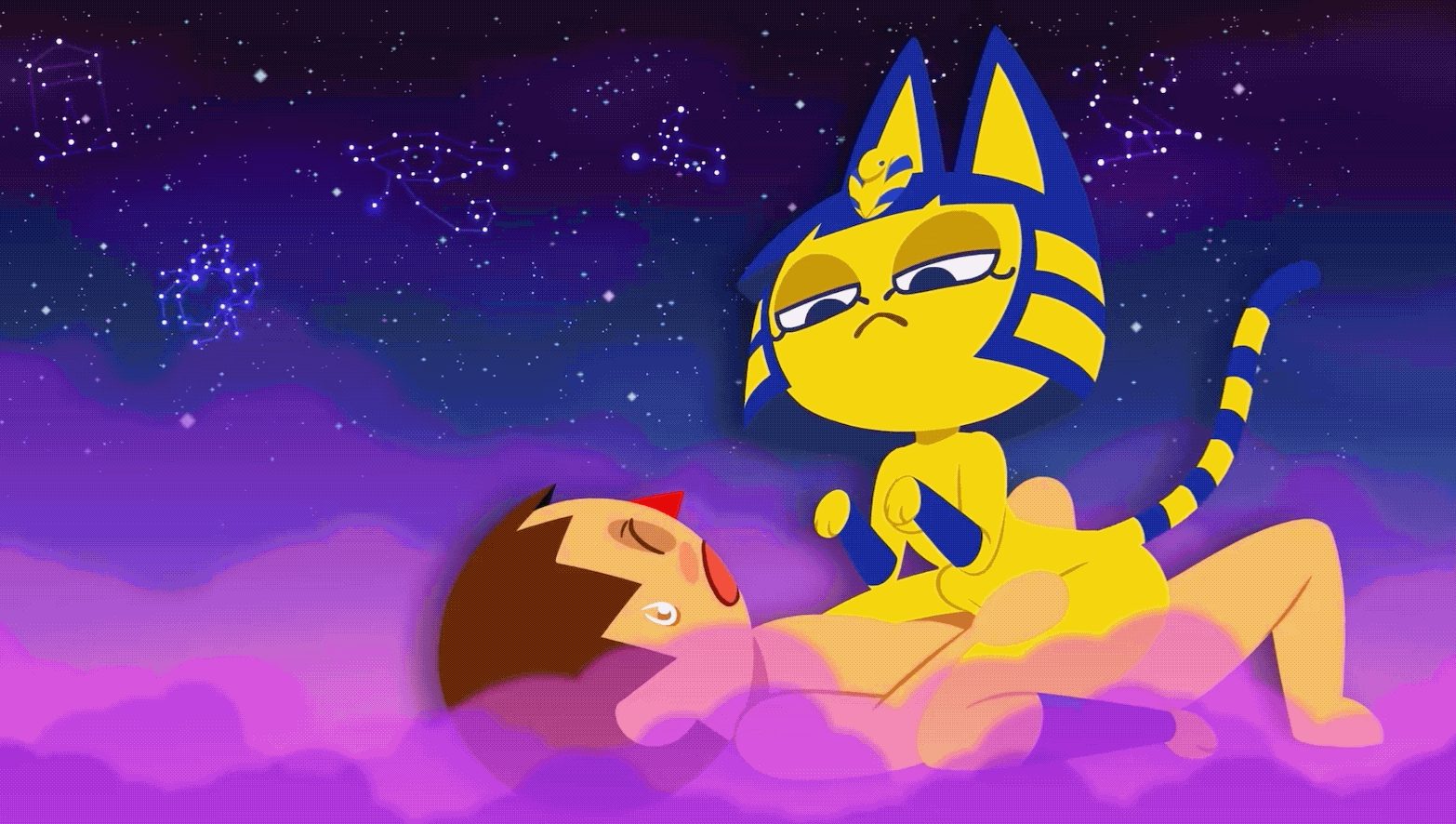 after orgasm, after sex, animal crossing, animated, ankha, ankha (animal crossing), cat ears, cat girl, cat tail, cowgirl position, cum, dripping, dripping cum, furry, furry female, furry on human, large ass, large breasts, large penis, naked, naked female, nintendo, stomach bulge, villager (animal crossing), zone