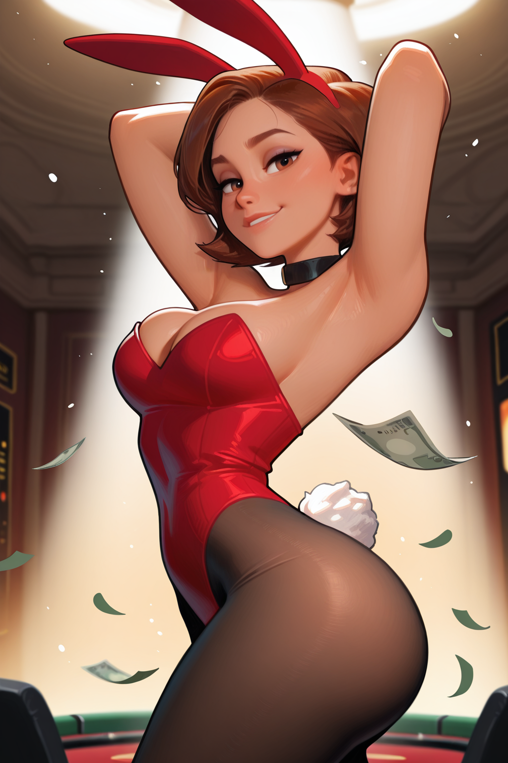 ai generated, ass, big ass, big butt, breasts, brown eyes, brown hair, bubble ass, bubble butt, buildabaeworkshop, bunny costume, bunny ears, bunny girl, bunny tail, bunnysuit, cleavage, curvaceous, curvy, curvy body, curvy figure, dancer, dancing, elastigirl, female, female focus, flirting, helen parr, hips, huge ass, huge butt, large ass, large butt, mature, mature female, milf, mommy, money, pantyhose, pixar, pixar mom, playboy bunny, sexy, short hair, tagme, the incredibles, thick, thick thighs, tights, wide hips
