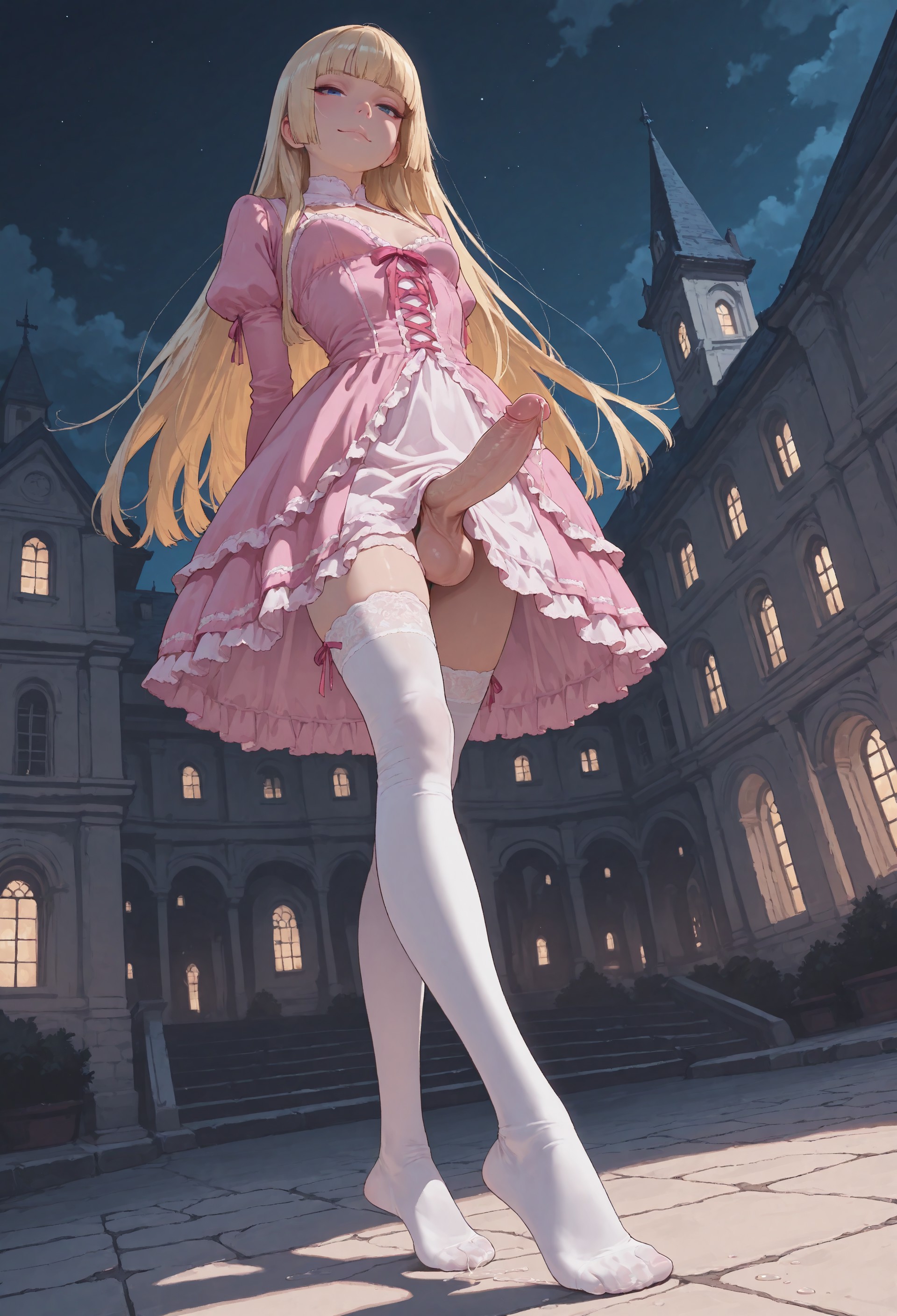 1futa, ai generated, balls, big penis, blonde hair, blue eyes, breasts, dress, elegant, erection, female, frills, from below, full body, futa only, futanari, hands behind back, highres, hime cut, hime girl (jamesbron), intersex, jamesbron, large penis, legs, long hair, long legs, looking at viewer, low-angle view, mansion, night, no panties, on toes, outdoors, penis, pink dress, precum, small breasts, smug, solo, solo futa, stockings, thighhighs, thighs, white legwear, white stockings, white thighhighs