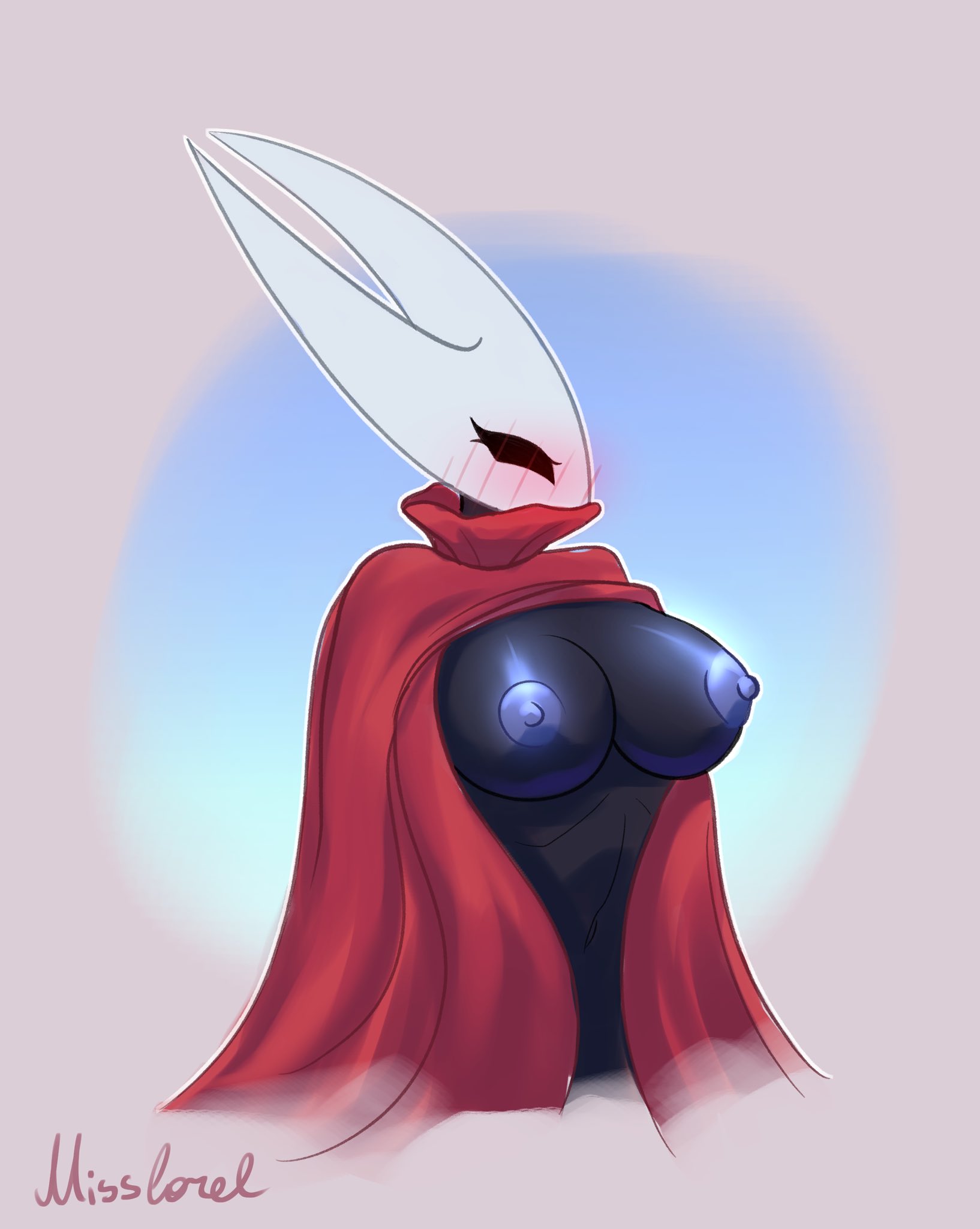 1girls, 2025, big breasts, black body, black skin, blush, breasts, breasts out, cloak, female, female only, hi res, hollow knight, hornet (hollow knight), horns, lorelarts, mask, masked female, red clothing, spider, standing