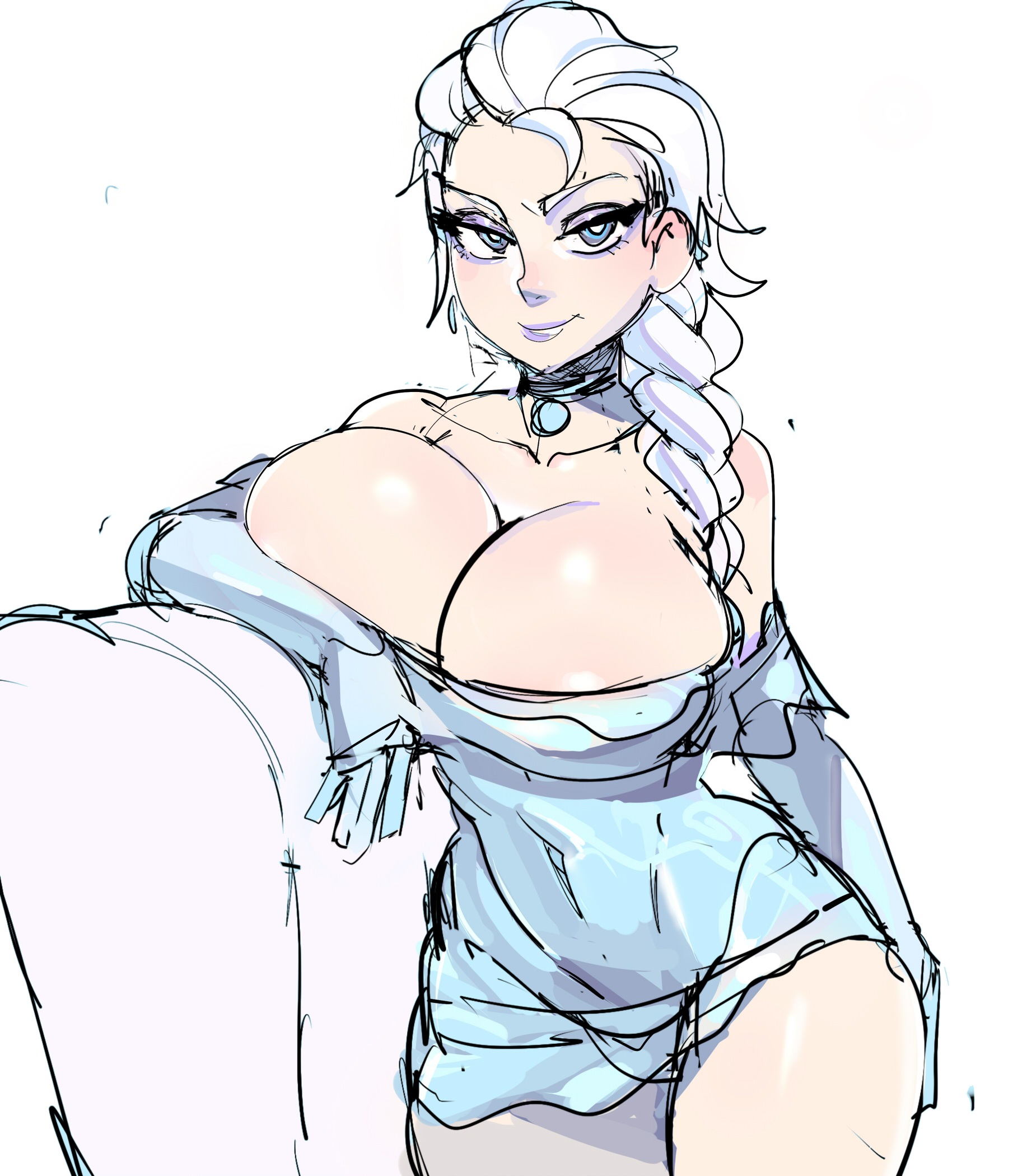 1girls, alternate breast size, bare shoulders, blue dress, blue eyes, braid, braided ponytail, breasts, choker, cleavage, covered navel, disney, dress, elsa (frozen), female, female only, frozen (film), hourglass figure, huge breasts, large breasts, leaning, light skin, light-skinned female, limited color, looking at viewer, maniacpaint, off shoulder, pale color, rough sketch, simple background, single braid, sketch, smile, soft color, solo, thighs, white background, white hair, wide hips