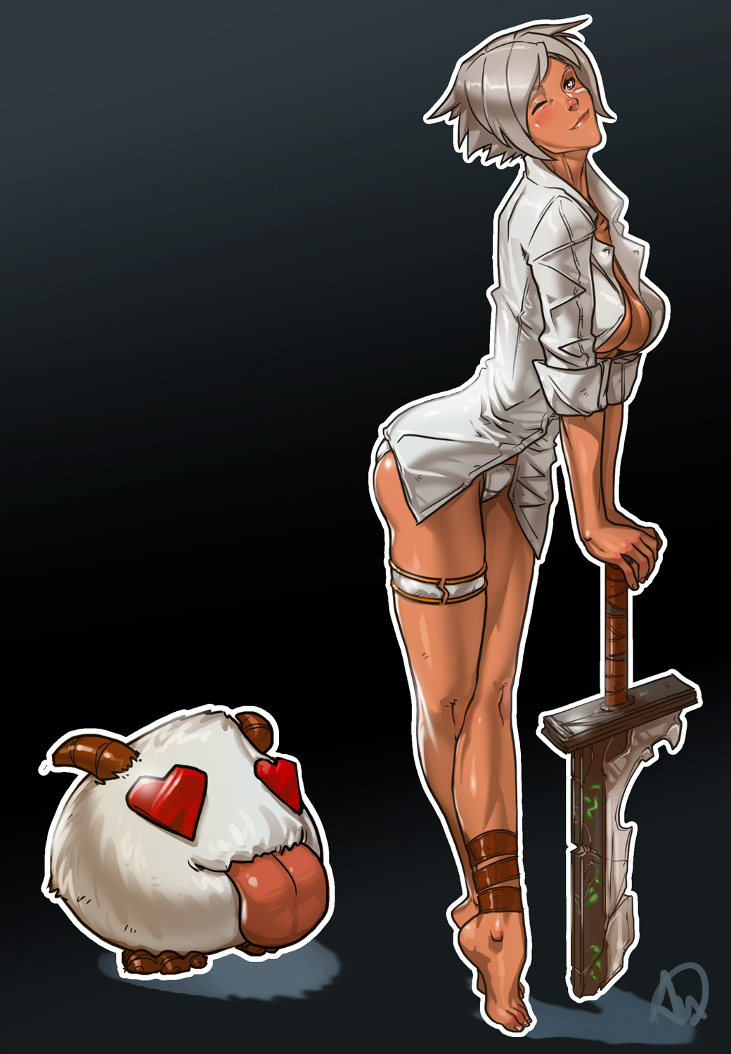 barefoot blush breasts broken broken_sword broken_weapon cleavage dark_skin feet female ganassa green_eyes head_tilt heart_eyes league_of_legends leaning_forward open_clothes open_shirt panties planted_sword planted_weapon poro_(league_of_legends) riot_games riven shirt silver_hair smile standing sword thigh_strap tiptoes toes unbuttoned underwear weapon white_panties wink