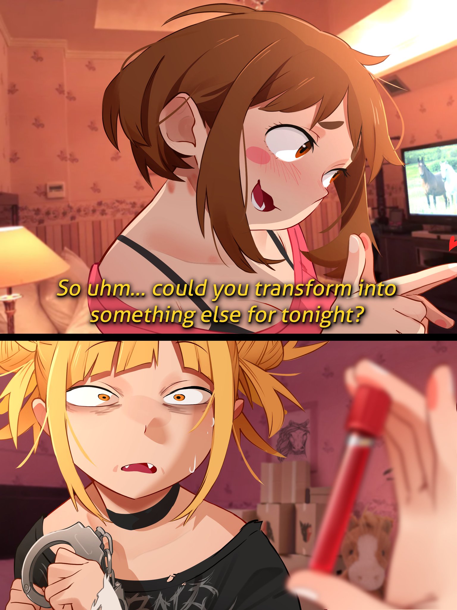 2 panel comic, 2d, 2d (artwork), 2girls, animal, bed, bedroom, blonde hair, blonde-haired female, blood, blood in container, blush, box, boxes, bra, bra strap, breasts, brown hair, brown-haired female, choker, cleavage, clothed, clothed female, clothing, comic, couple, dialogue, double bun, embarrassed, embarrassed expression, embarrassed female, embarrassed smile, english dialogue, english text, eyebrows visible through hair, fangs, female, female only, fully clothed, fully clothed female, hair bun, hand cuffs, hi res, himiko toga, horse, how hungry (meme), imminent bestiality, imminent sex, imminent transformation, imminent yuri, khyleri, lamp, lesbian, lesbian couple, mammal, meme, multiple girls, my hero academia, no nude, ochako uraraka, pale skin, pale-skinned female, pillow, question, sfw, shirt, shocked, shocked expression, shocked eyes, shocked face, short hair, shounen jump, smile, teenage girl, teenager, television, text, underwear, very high resolution, very short hair, yuri