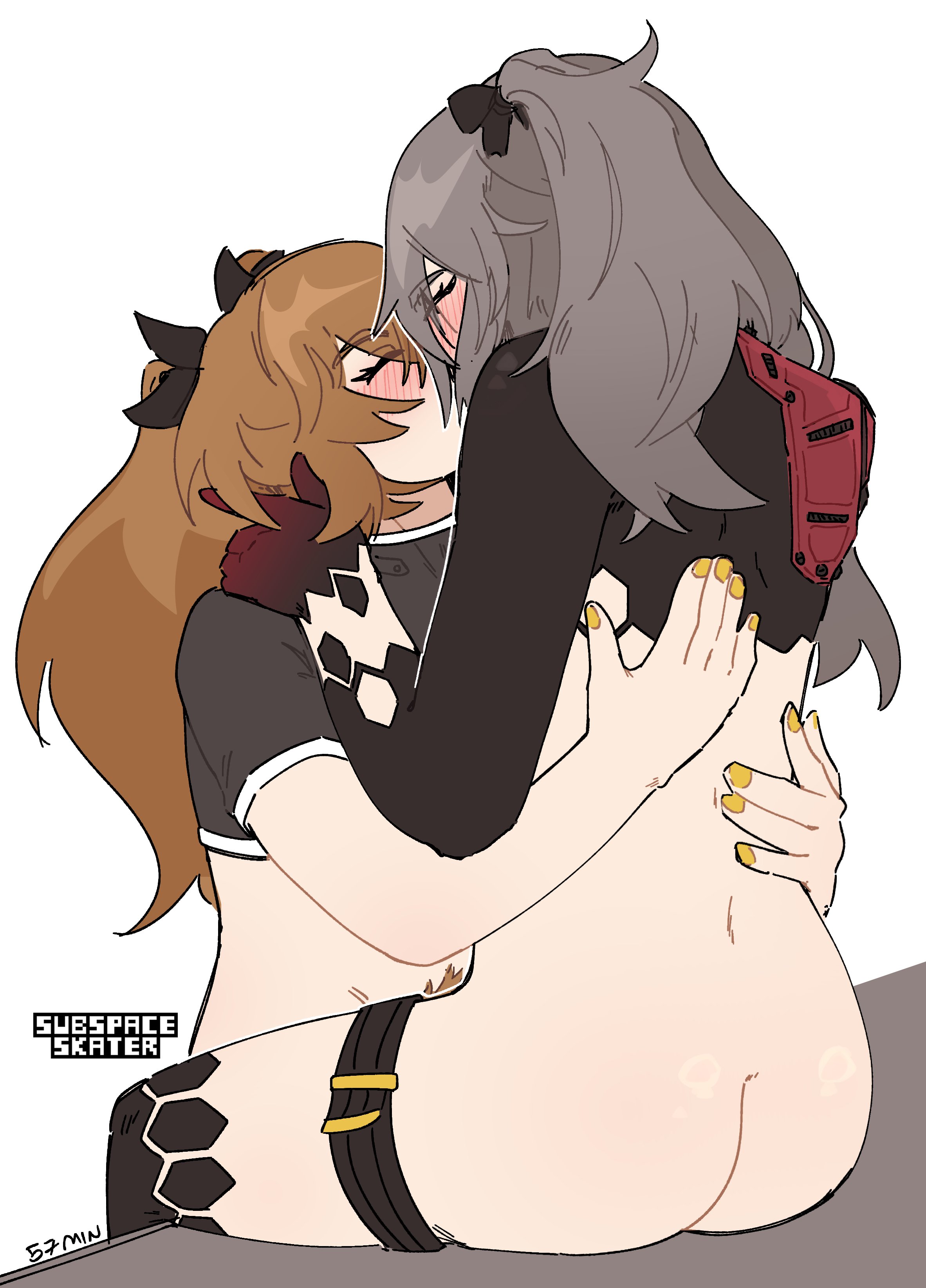 2girls, arms around partner, ass, back, back view, blush, bottomless, brown hair, closed eyes, female, female only, girls kissing, girls' frontline, girls' frontline 2: exilium, hair ribbon, kissing, lenna (girls' frontline 2), leva (girls' frontline 2), long hair, mechanical arm, multiple females, multiple girls, nanomachines, painted nails, pubic hair, pubic hair peek, sitting, subspaceskater, ump45 (girls' frontline), ump9 (girls' frontline), yuri