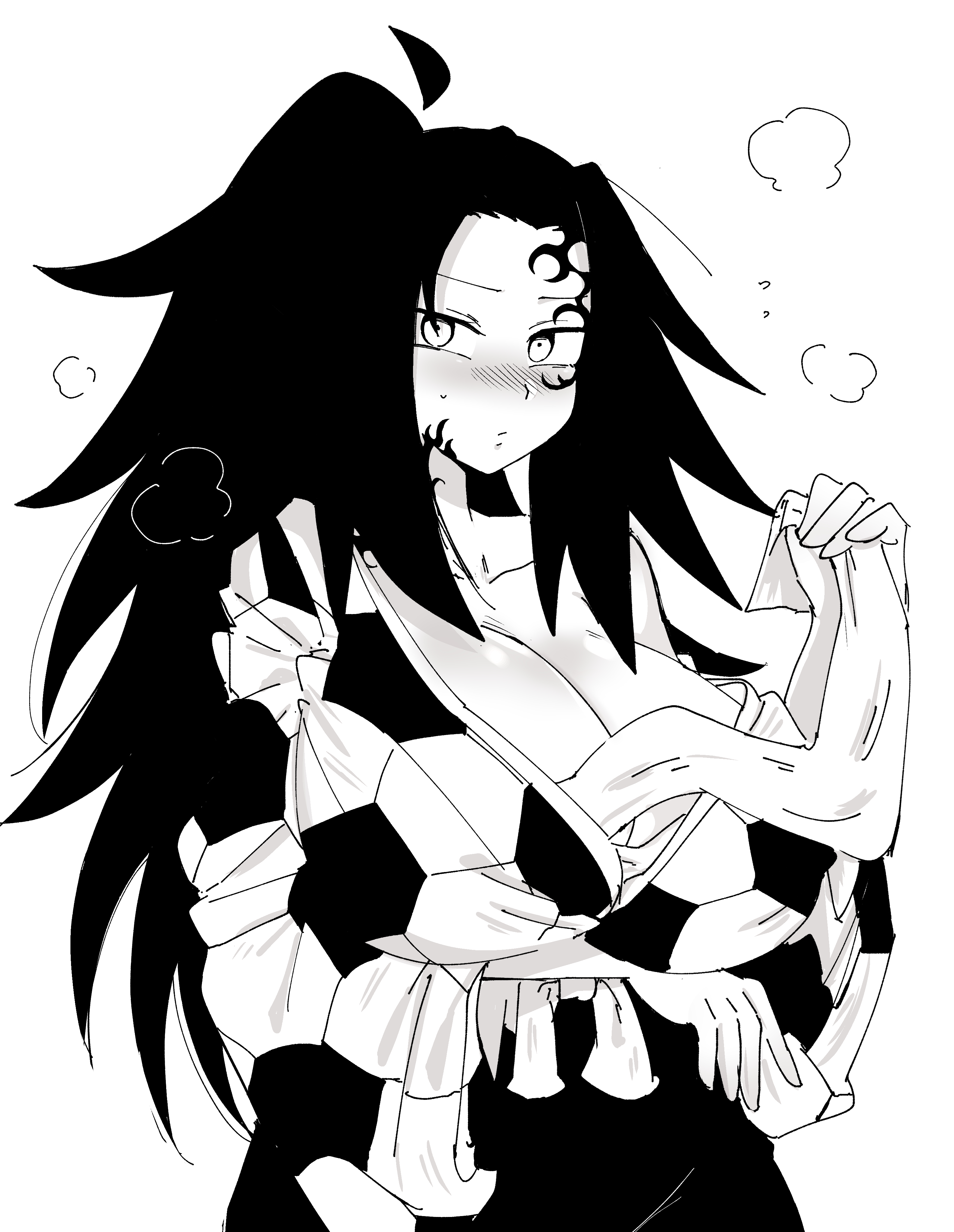 1girls, 2025, big breasts, black and white, black hair, blush, breasts, clothed, clothing, demon slayer, e dji3, female, female only, hi res, kimetsu no yaiba, kokushibo, light skin, light-skinned female, long hair, looking away, michikatsu tsugikuni, rule 63, simple background, solo, white background
