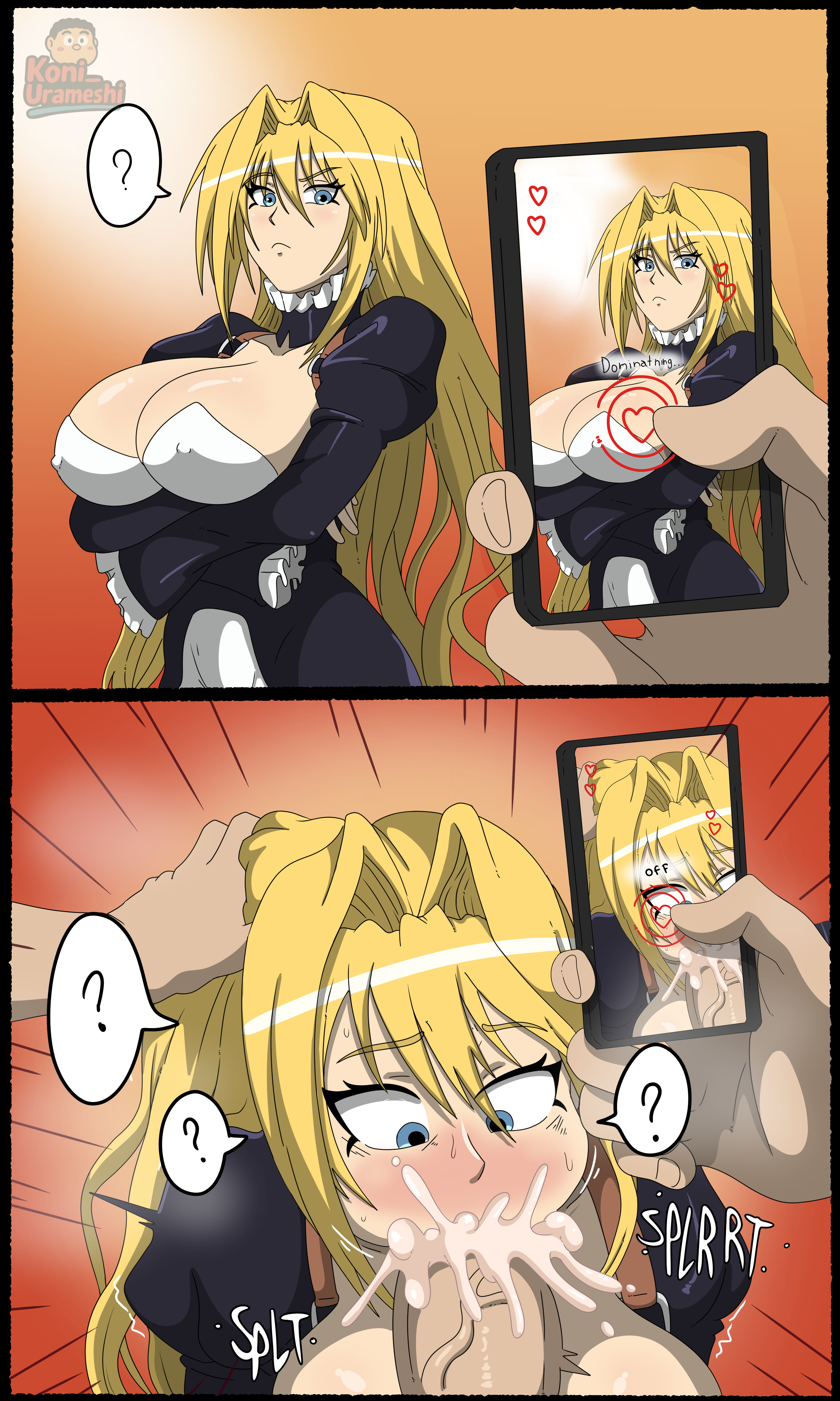 1boy, 1girls, alternate version available, arms crossed, arms crossed under breasts, blonde hair, blue eyes, blush, breasts, commission, commissioner upload, cum, cum in mouth, cum overflow, cum overflowing, female, hands on head, hypnosis, hypnosis ending, hypnosis release, koni urameshi, large breasts, large penis, male, mind control, nipples visible through clothing, oral, oral sex, penis, phone, phone camera, phone screen, rape, sekirei, surprised, surprised expression, throat fuck, throatpie, tsukiumi, veiny penis