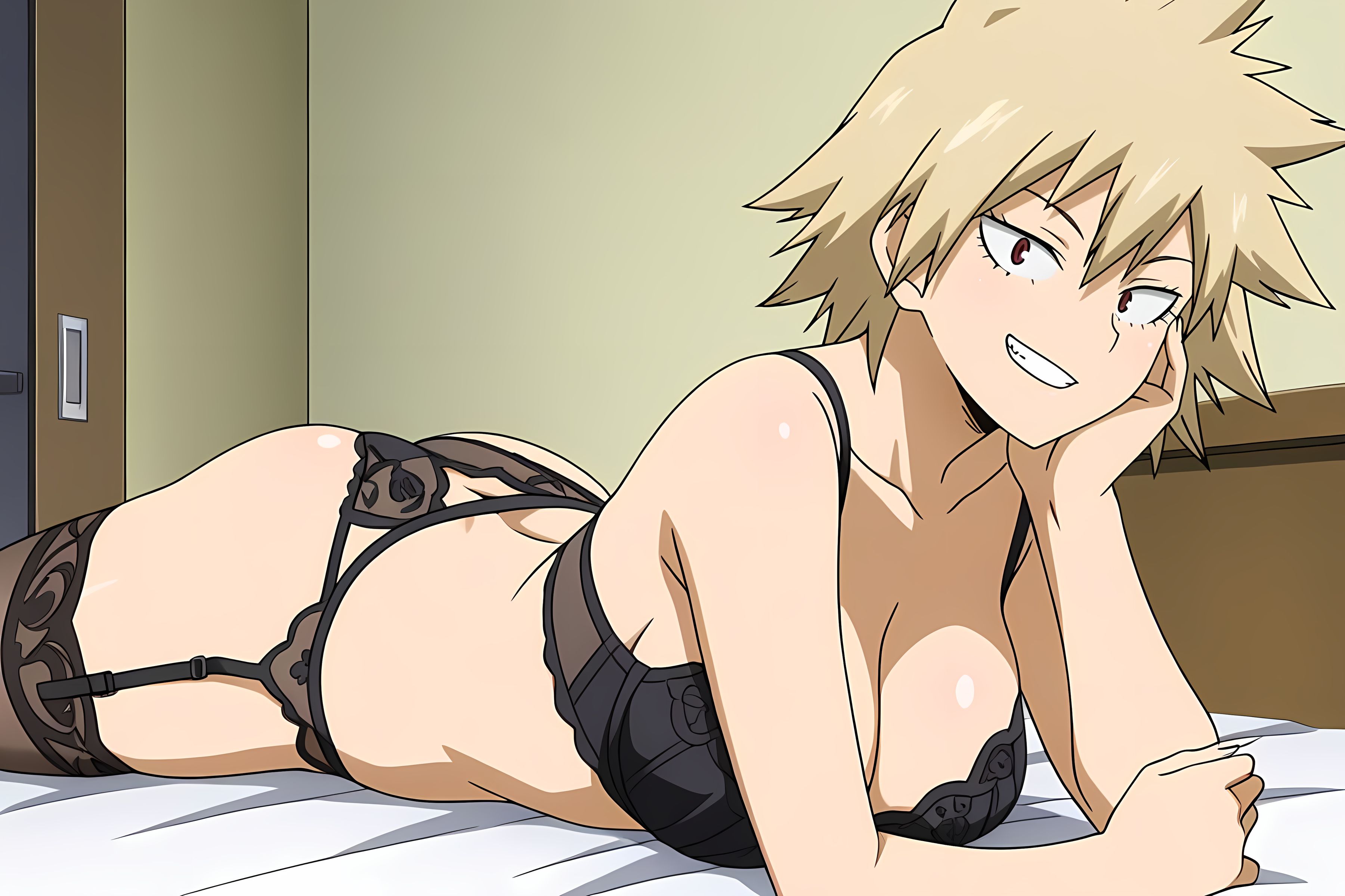 ai generated, ass, bed, bedroom, black bra, black panties, black stockings, boobs, bra, breasts, cleavage, female, female only, hand on cheek, laying on bed, laying on stomach, lingerie, looking at viewer, mitsuki bakugou, my hero academia, panties, pinku.ai, smirking, stockings
