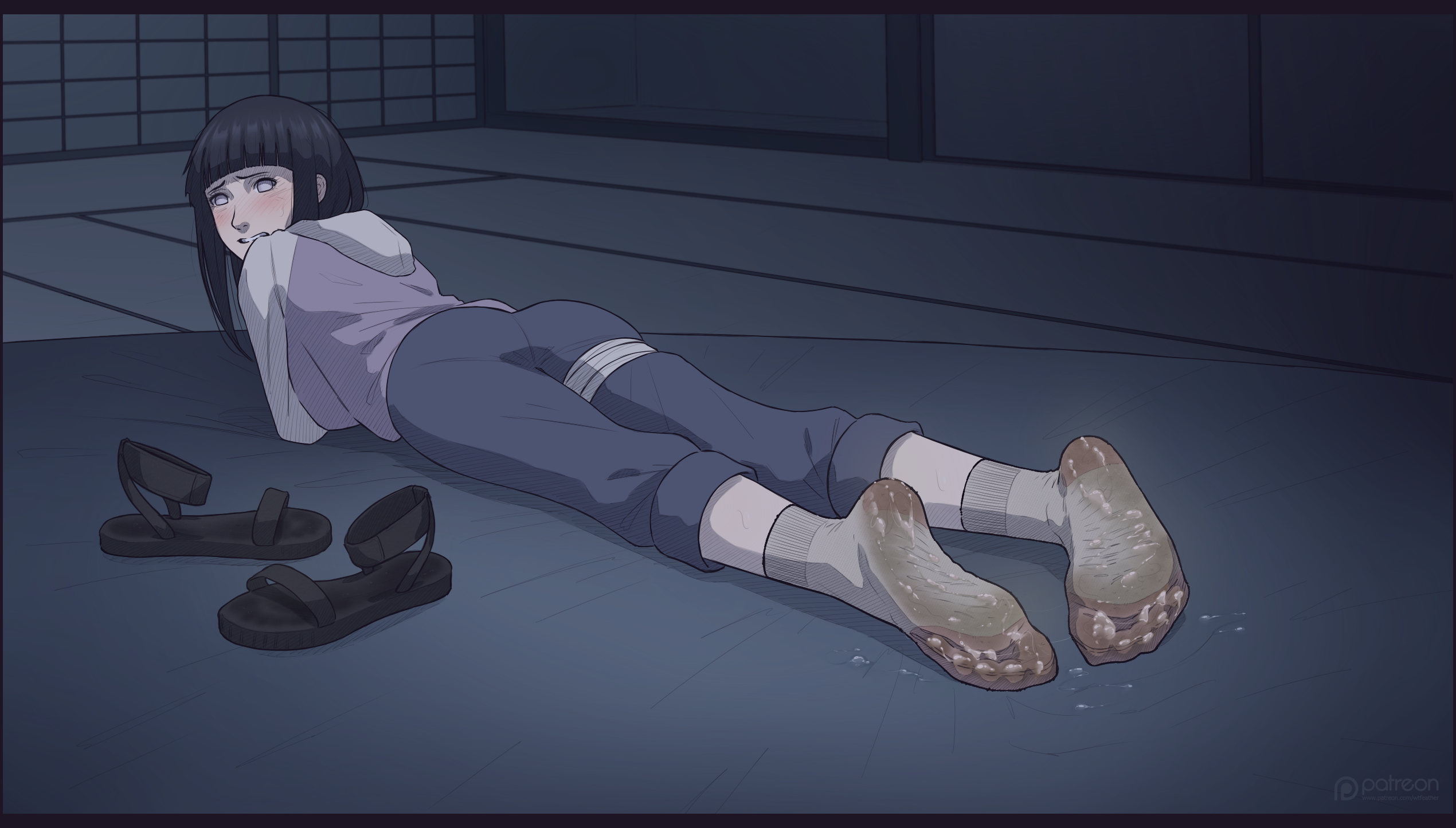 anklehighs, blush, clothed, crew socks, dirty feet, dirty socks, feet, feet fetish, female, female only, foot fetish, foot focus, hyuuga hinata, naruto, naruto (series), naruto shippuden, shy, smell, smelly feet, socks, soles, toes, white socks, wtfeather